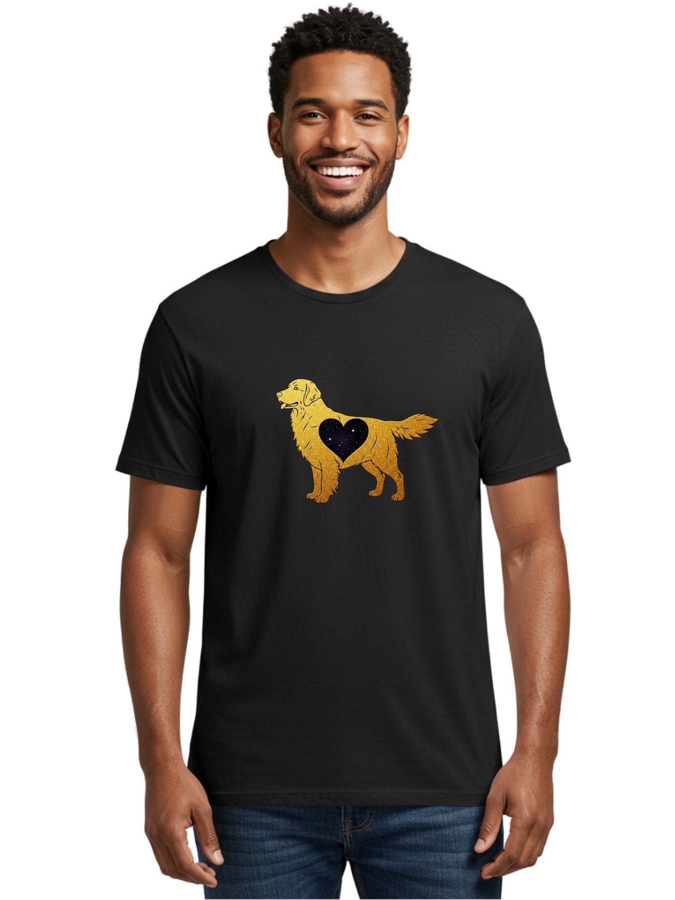 Dog-With-Galaxy-Heart Men'S Graphic Tee, 100% Cotton, Comfortable Casual Summer Wear, Machine Washable, Golden Retriever Illustration, Galaxy Heart, Starry Night, Dog Love, Furry Friend, Stylized Artwork, Canine Charm, Celestial Theme, Bab864 17
