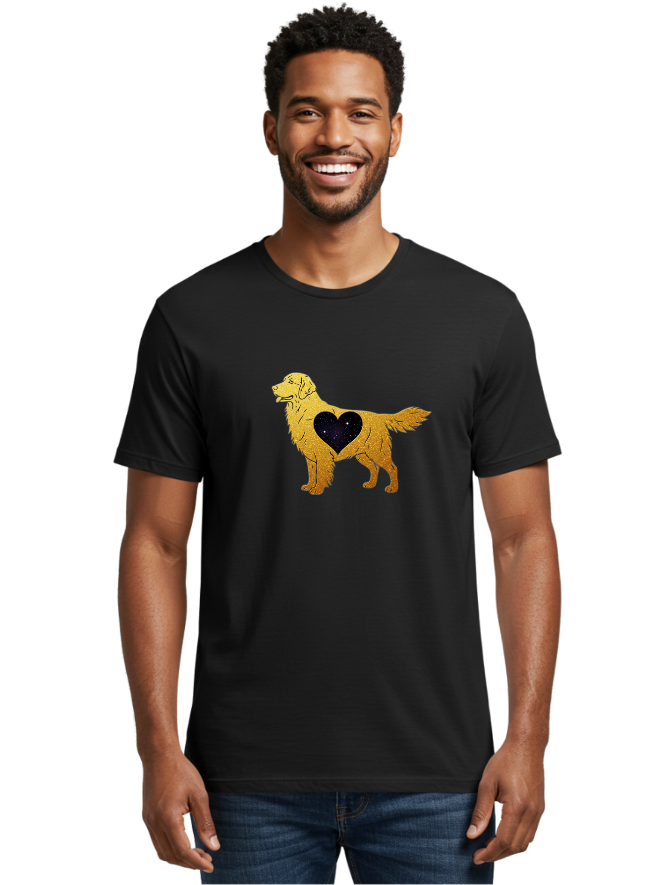 Dog-With-Galaxy-Heart Men'S Graphic Tee, 100% Cotton, Comfortable Casual Summer Wear, Machine Washable, Golden Retriever Illustration, Galaxy Heart, Starry Night, Dog Love, Furry Friend, Stylized Artwork, Canine Charm, Celestial Theme, Bab864 29