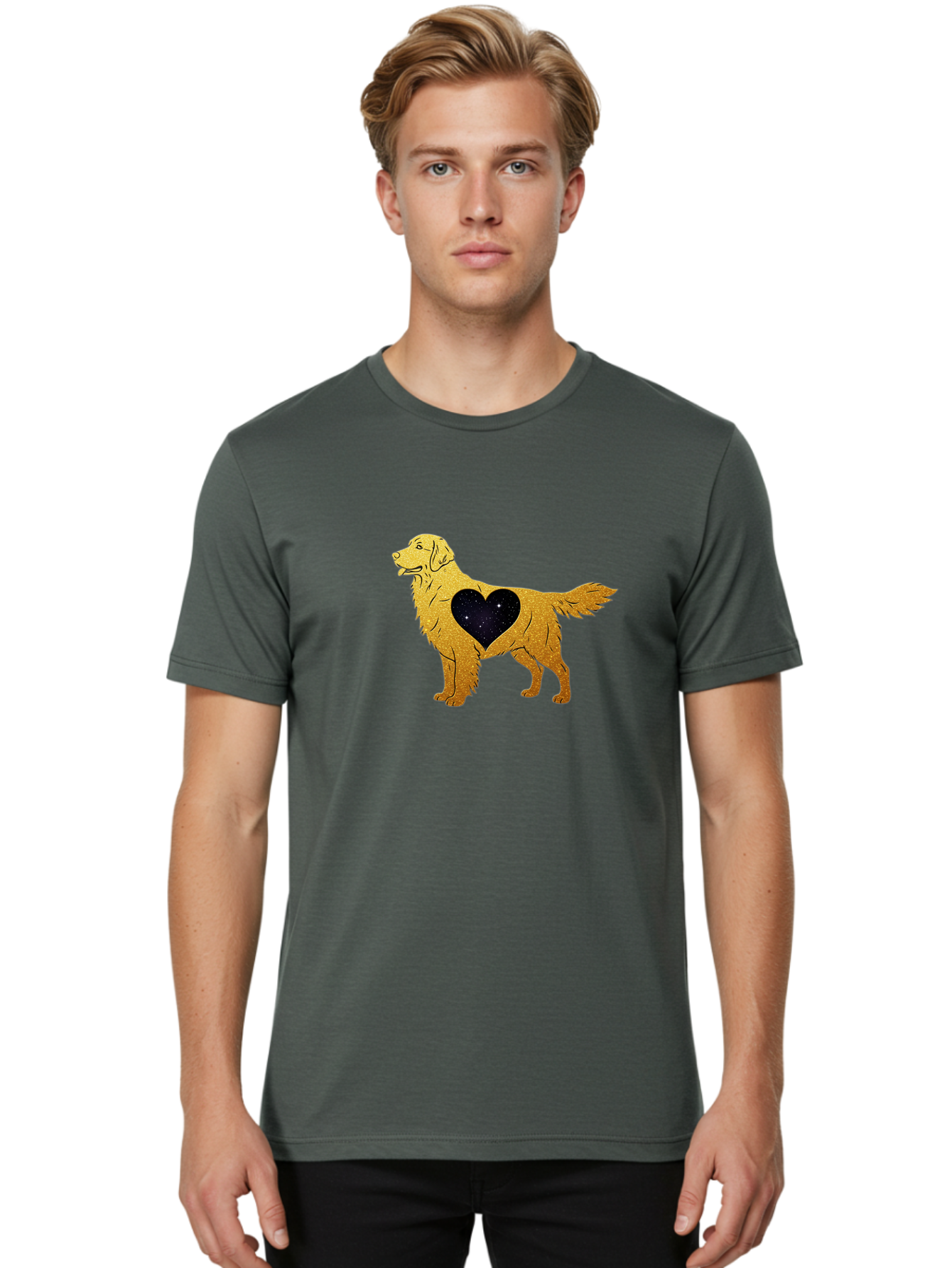 Dog-With-Galaxy-Heart Men'S Graphic Tee, 100% Cotton, Comfortable Casual Summer Wear, Machine Washable, Golden Retriever Illustration, Galaxy Heart, Starry Night, Dog Love, Furry Friend, Stylized Artwork, Canine Charm, Celestial Theme, Bab864 22