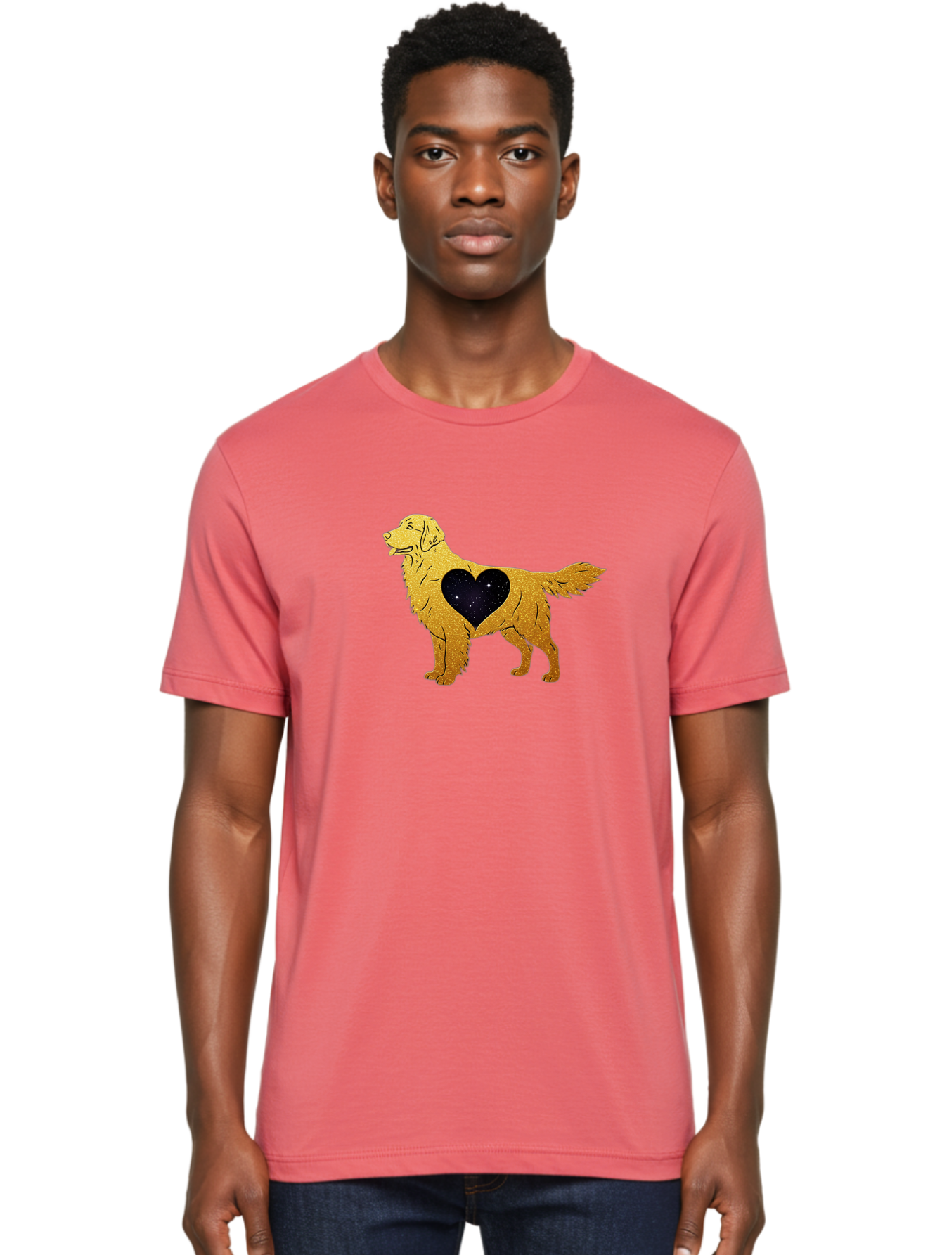 Dog-With-Galaxy-Heart Men'S Graphic Tee, 100% Cotton, Comfortable Casual Summer Wear, Machine Washable, Golden Retriever Illustration, Galaxy Heart, Starry Night, Dog Love, Furry Friend, Stylized Artwork, Canine Charm, Celestial Theme, Bab864 28