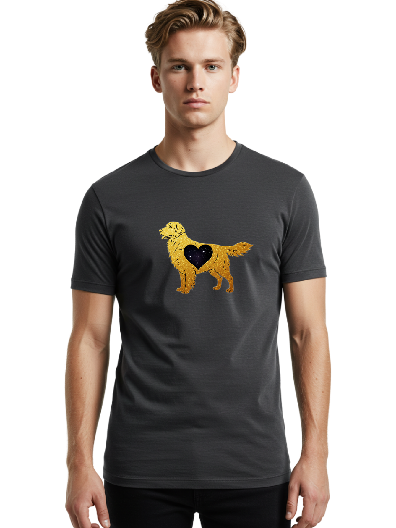 Dog-With-Galaxy-Heart Men'S Graphic Tee, 100% Cotton, Comfortable Casual Summer Wear, Machine Washable, Golden Retriever Illustration, Galaxy Heart, Starry Night, Dog Love, Furry Friend, Stylized Artwork, Canine Charm, Celestial Theme, Bab864 20