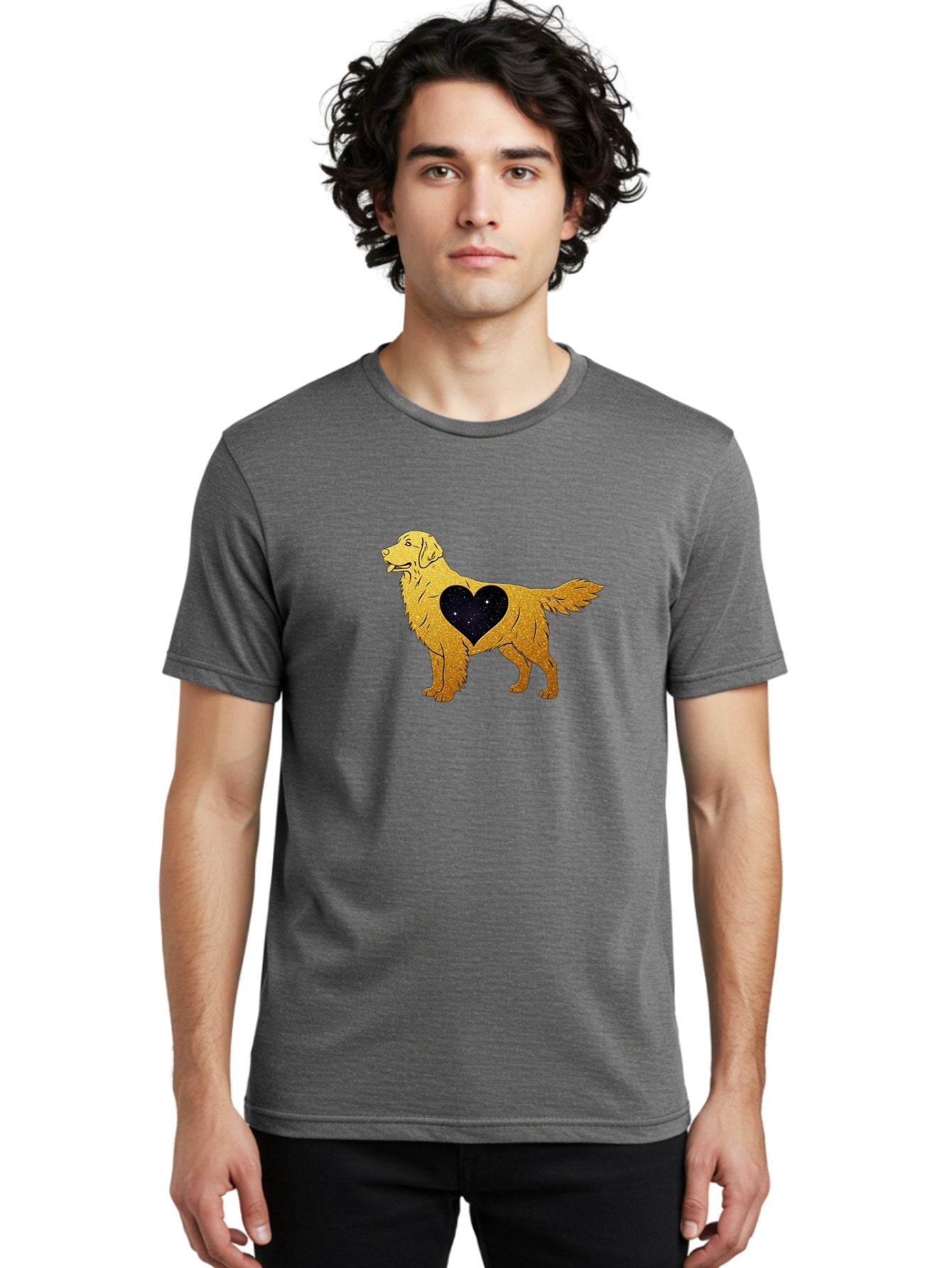 Dog-With-Galaxy-Heart Men'S Graphic Tee, 100% Cotton, Comfortable Casual Summer Wear, Machine Washable, Golden Retriever Illustration, Galaxy Heart, Starry Night, Dog Love, Furry Friend, Stylized Artwork, Canine Charm, Celestial Theme, Bab864 28