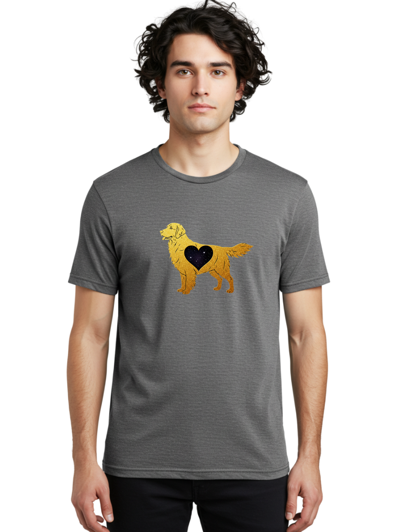 Dog-With-Galaxy-Heart Men'S Graphic Tee, 100% Cotton, Comfortable Casual Summer Wear, Machine Washable, Golden Retriever Illustration, Galaxy Heart, Starry Night, Dog Love, Furry Friend, Stylized Artwork, Canine Charm, Celestial Theme, Bab864 18