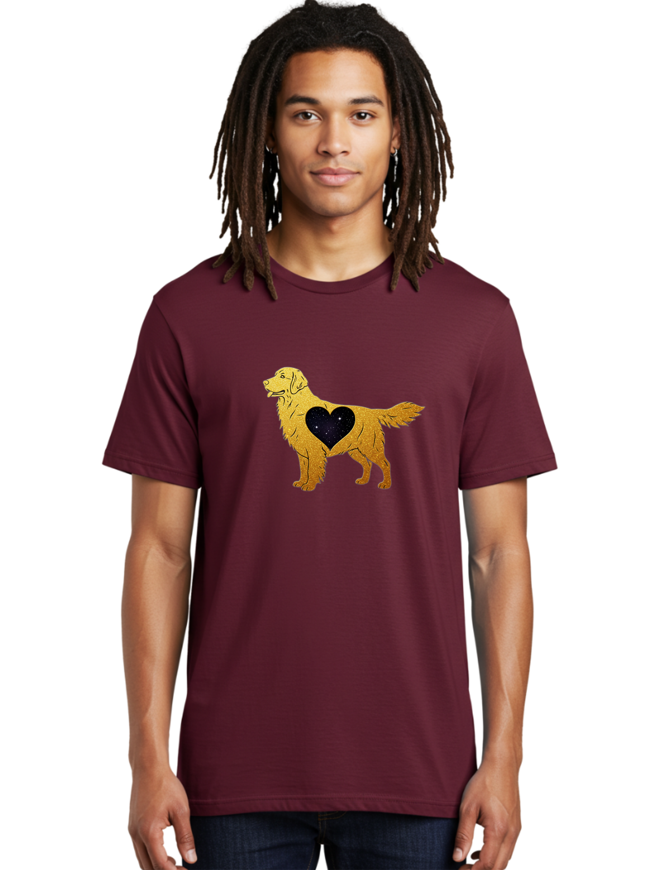Dog-With-Galaxy-Heart Men'S Graphic Tee, 100% Cotton, Comfortable Casual Summer Wear, Machine Washable, Golden Retriever Illustration, Galaxy Heart, Starry Night, Dog Love, Furry Friend, Stylized Artwork, Canine Charm, Celestial Theme, Bab864 25