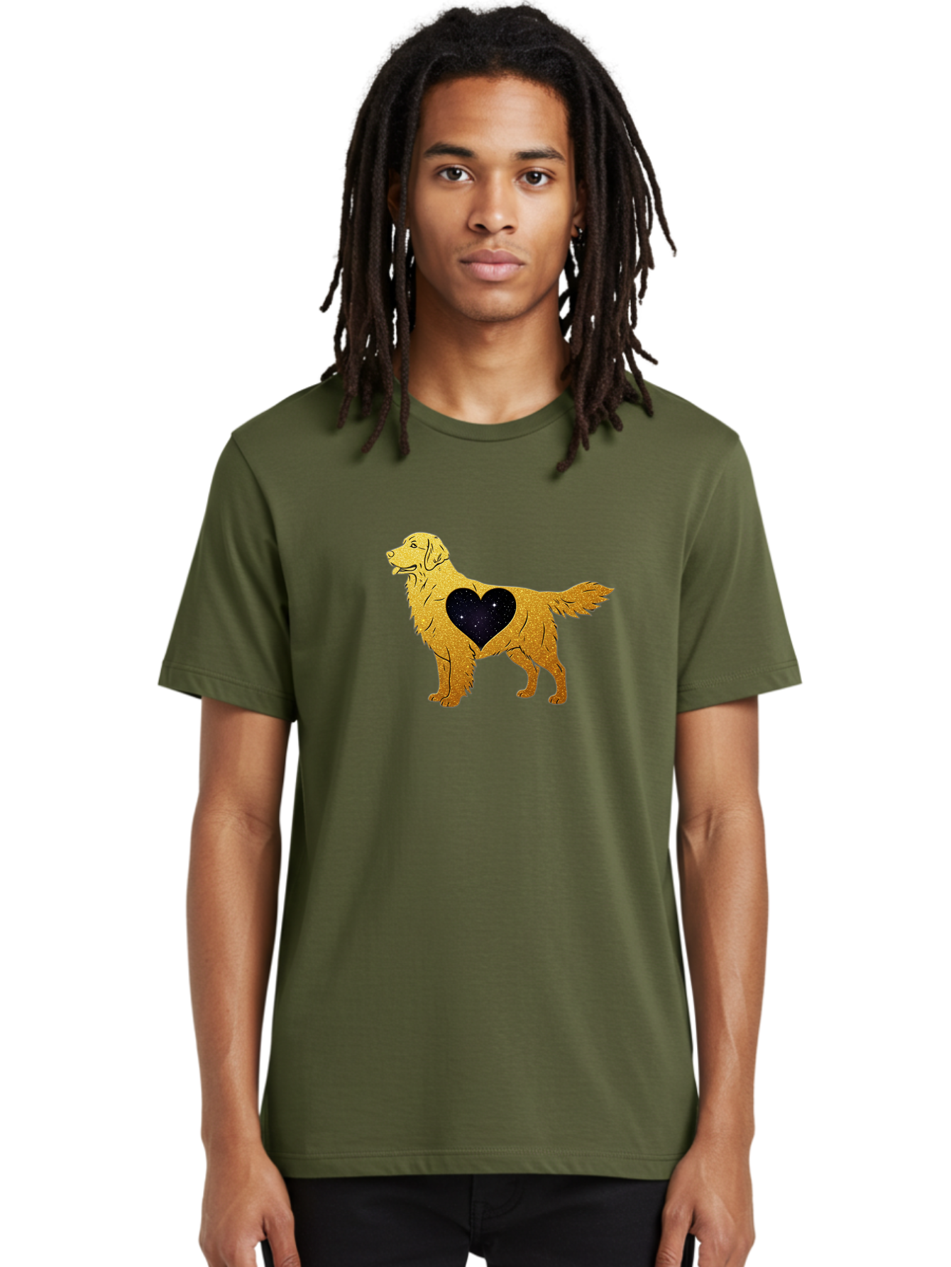 Dog-With-Galaxy-Heart Men'S Graphic Tee, 100% Cotton, Comfortable Casual Summer Wear, Machine Washable, Golden Retriever Illustration, Galaxy Heart, Starry Night, Dog Love, Furry Friend, Stylized Artwork, Canine Charm, Celestial Theme, Bab864 21