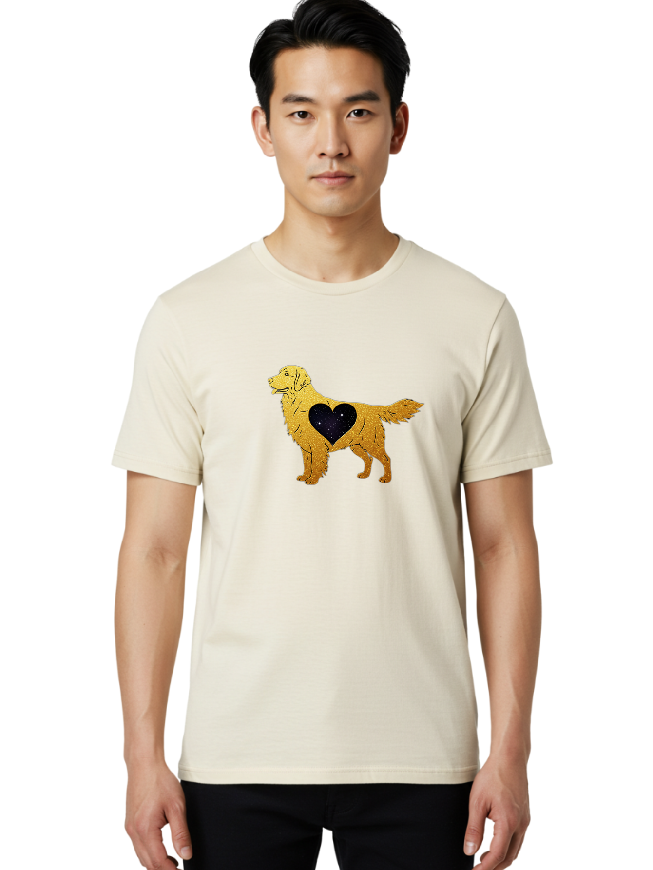 Dog-With-Galaxy-Heart Men'S Graphic Tee, 100% Cotton, Comfortable Casual Summer Wear, Machine Washable, Golden Retriever Illustration, Galaxy Heart, Starry Night, Dog Love, Furry Friend, Stylized Artwork, Canine Charm, Celestial Theme, Bab864 27