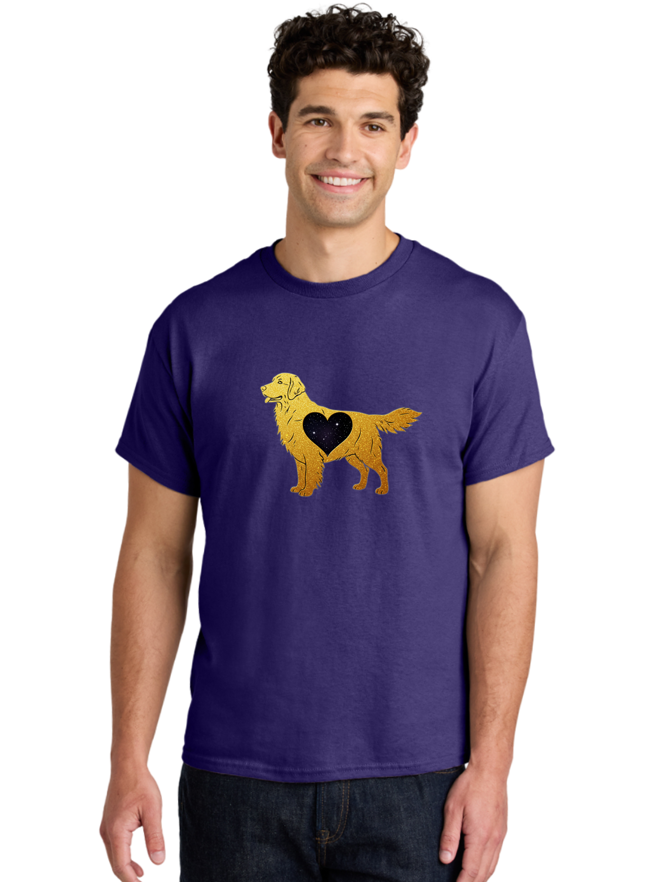 Dog-With-Galaxy-Heart Men'S Graphic Tee, 100% Cotton, Comfortable Casual Summer Wear, Machine Washable, Golden Retriever Illustration, Galaxy Heart, Starry Night, Dog Love, Furry Friend, Stylized Artwork, Canine Charm, Celestial Theme, Bab864 24