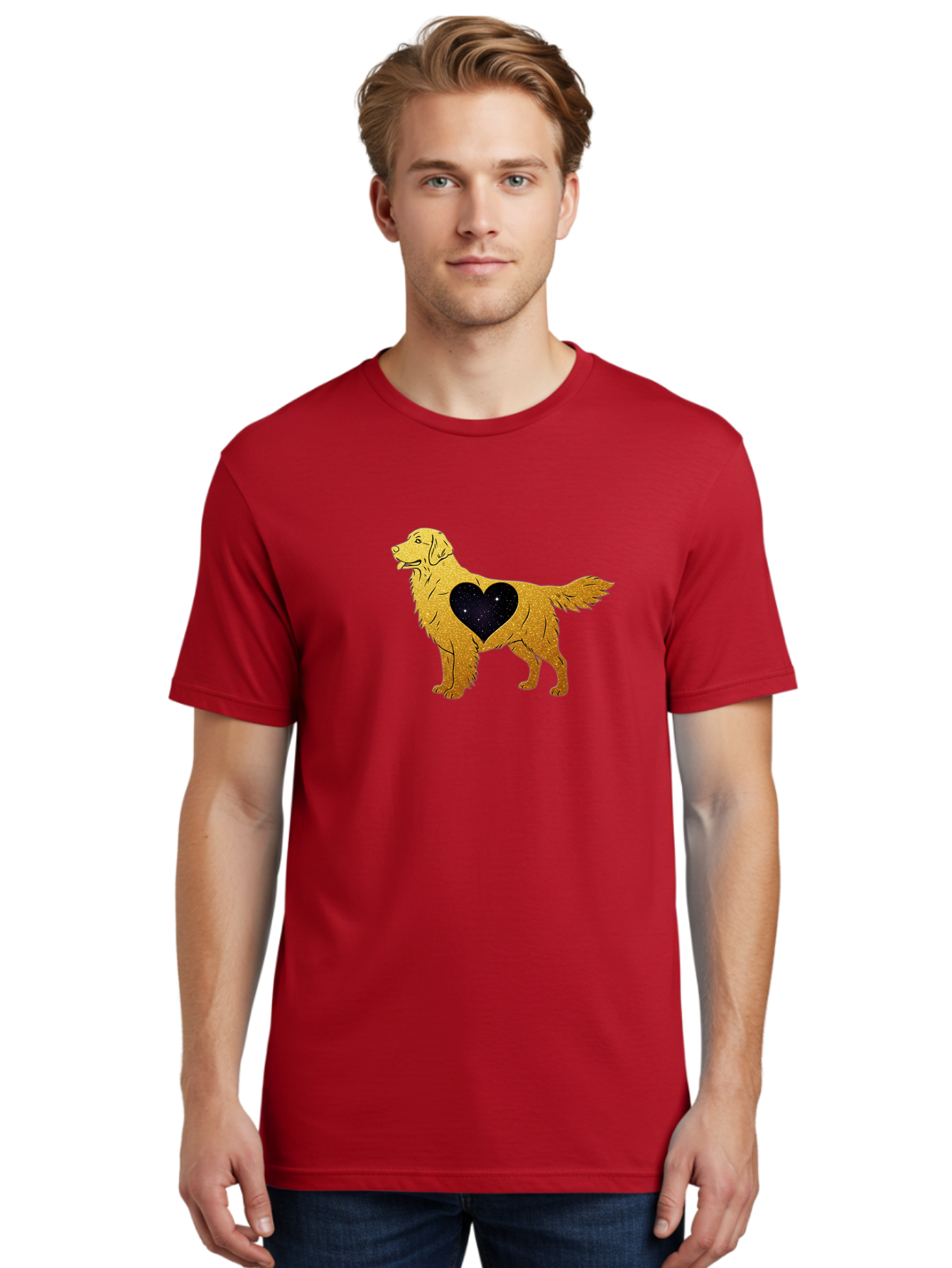 Dog-With-Galaxy-Heart Men'S Graphic Tee, 100% Cotton, Comfortable Casual Summer Wear, Machine Washable, Golden Retriever Illustration, Galaxy Heart, Starry Night, Dog Love, Furry Friend, Stylized Artwork, Canine Charm, Celestial Theme, Bab864 23