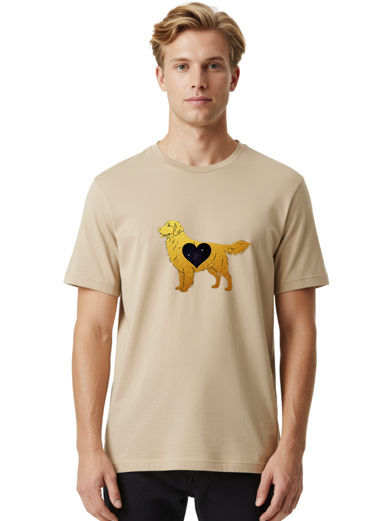 Dog-With-Galaxy-Heart Men'S Graphic Tee, 100% Cotton, Comfortable Casual Summer Wear, Machine Washable, Golden Retriever Illustration, Galaxy Heart, Starry Night, Dog Love, Furry Friend, Stylized Artwork, Canine Charm, Celestial Theme, Bab864 19