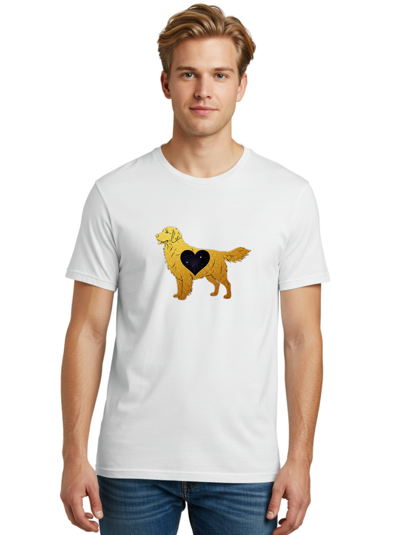 Dog-With-Galaxy-Heart Men'S Graphic Tee, 100% Cotton, Comfortable Casual Summer Wear, Machine Washable, Golden Retriever Illustration, Galaxy Heart, Starry Night, Dog Love, Furry Friend, Stylized Artwork, Canine Charm, Celestial Theme, Bab864 26