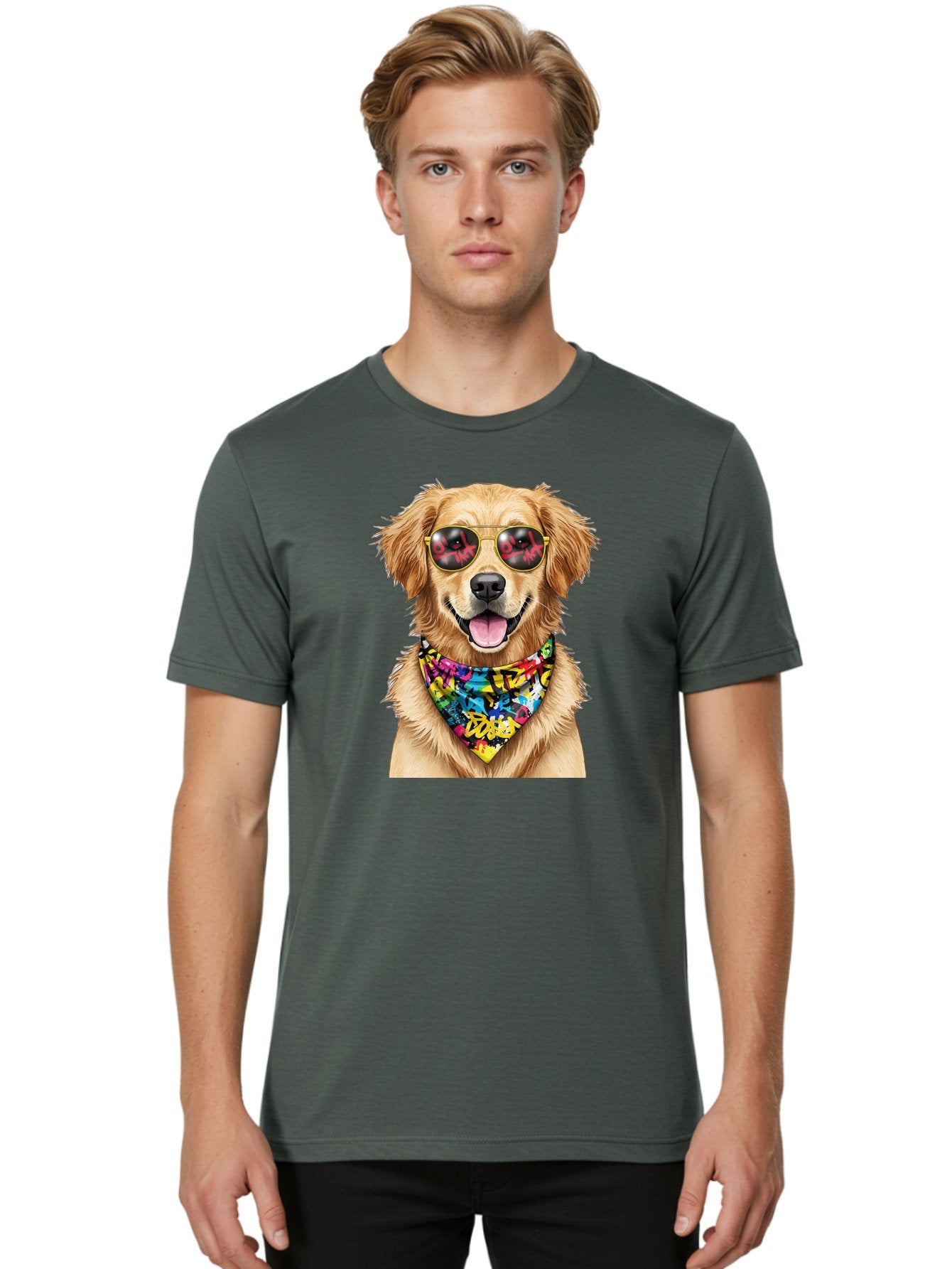 Dog Men'S Graphic Tee, 100% Cotton, Comfortable Casual Summer Wear, Machine Washable, Golden Retriever, Dog Wearing Sunglasses, Colorful Bandana, Dog Collar, Trendy Dog, Cool Canine, Fun Pet, Vibrant Accessories, Hipster Dog, Stylish Pup Bab865 22