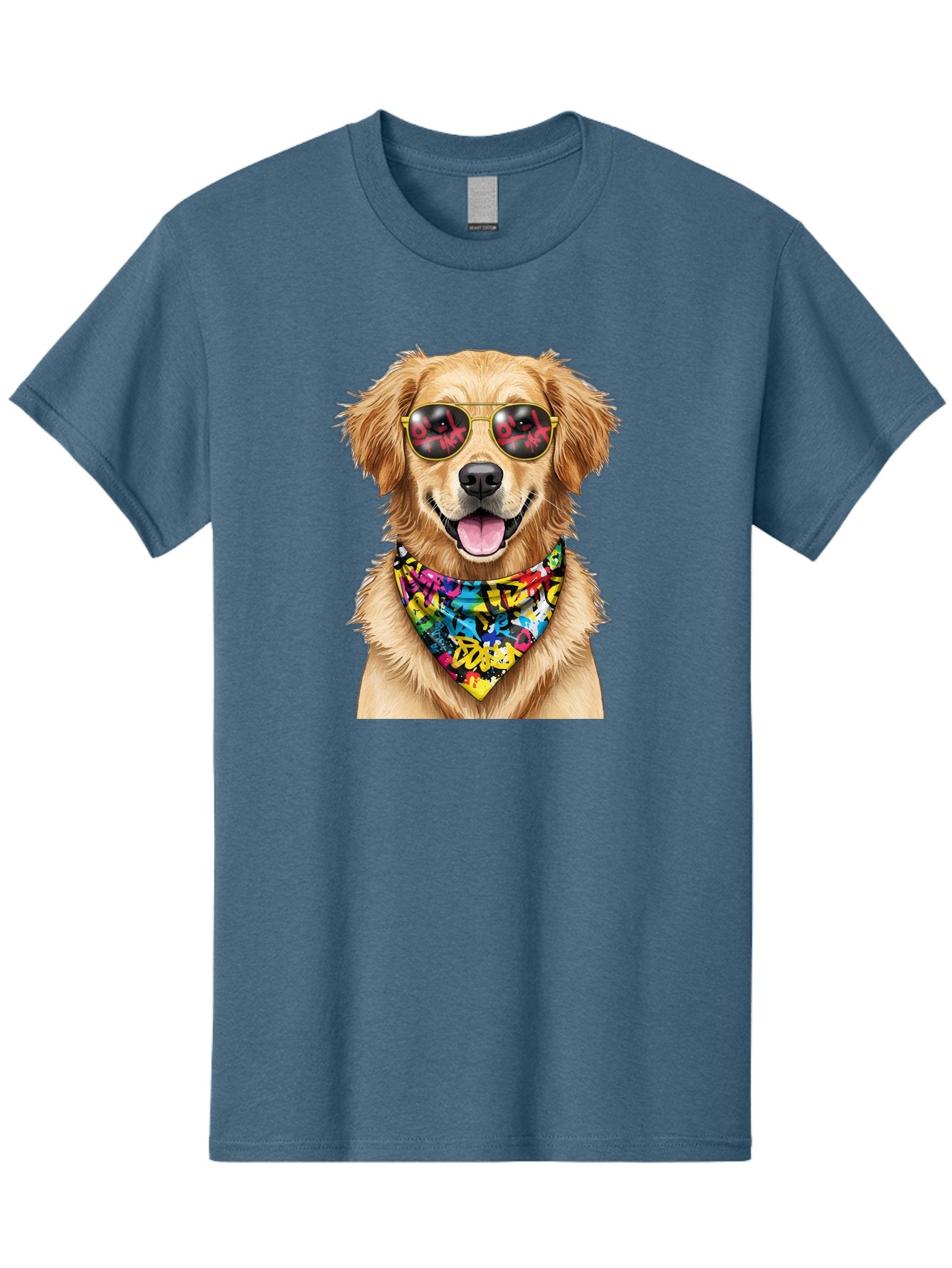 Dog Men'S Graphic Tee, 100% Cotton, Comfortable Casual Summer Wear, Machine Washable, Golden Retriever, Dog Wearing Sunglasses, Colorful Bandana, Dog Collar, Trendy Dog, Cool Canine, Fun Pet, Vibrant Accessories, Hipster Dog, Stylish Pup Bab865