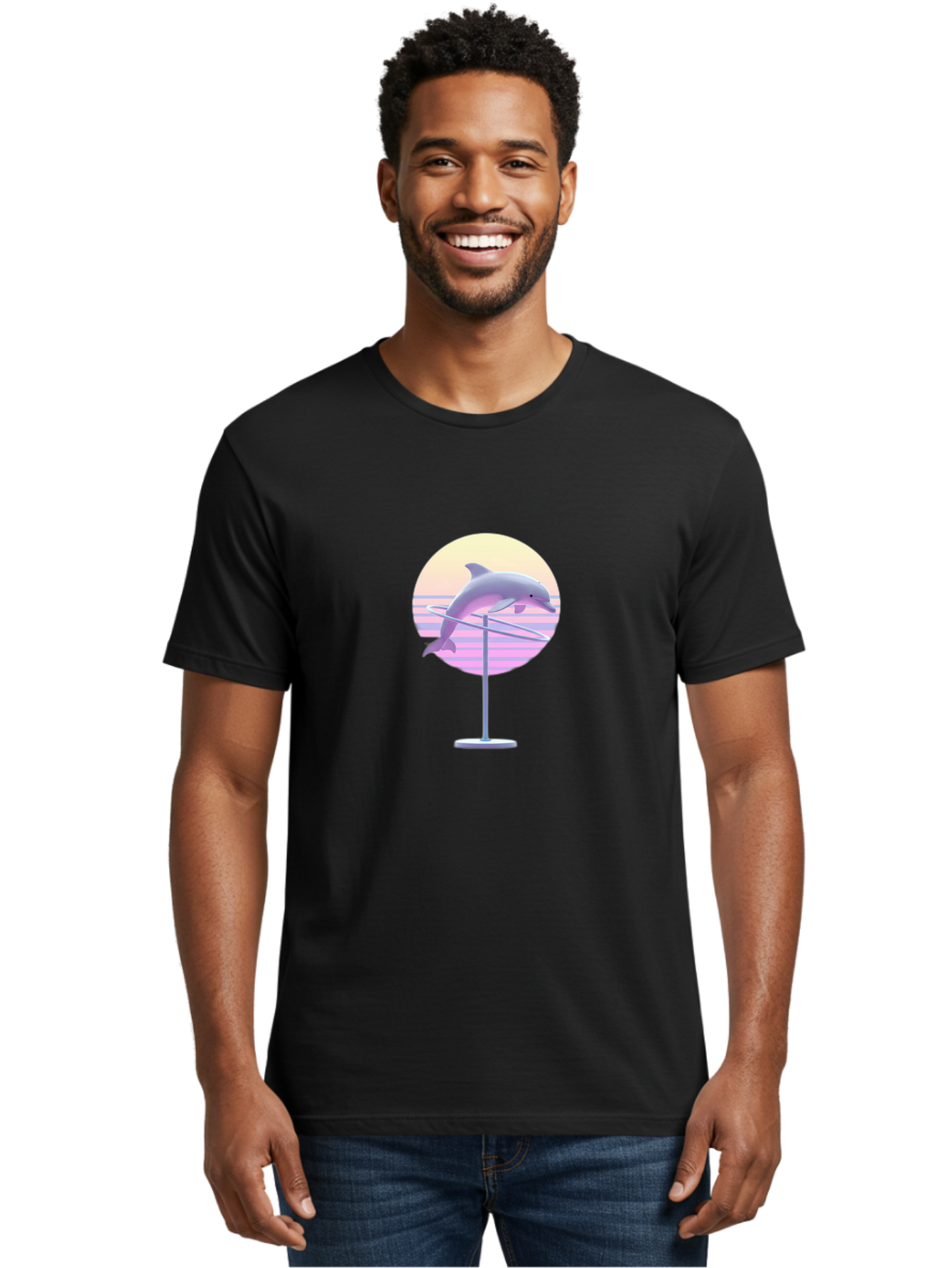Dolphin-Spin-Art Men'S Graphic Tee, 100% Cotton, Comfortable Casual Summer Wear, Machine Washable, Dolphin Leaping, Ocean Scenery, Pastel Colors, Abstract Art, Surrealism, 3D Illustration, Creative Design, Modern Artwork, Minimalist Style, Bab866 17