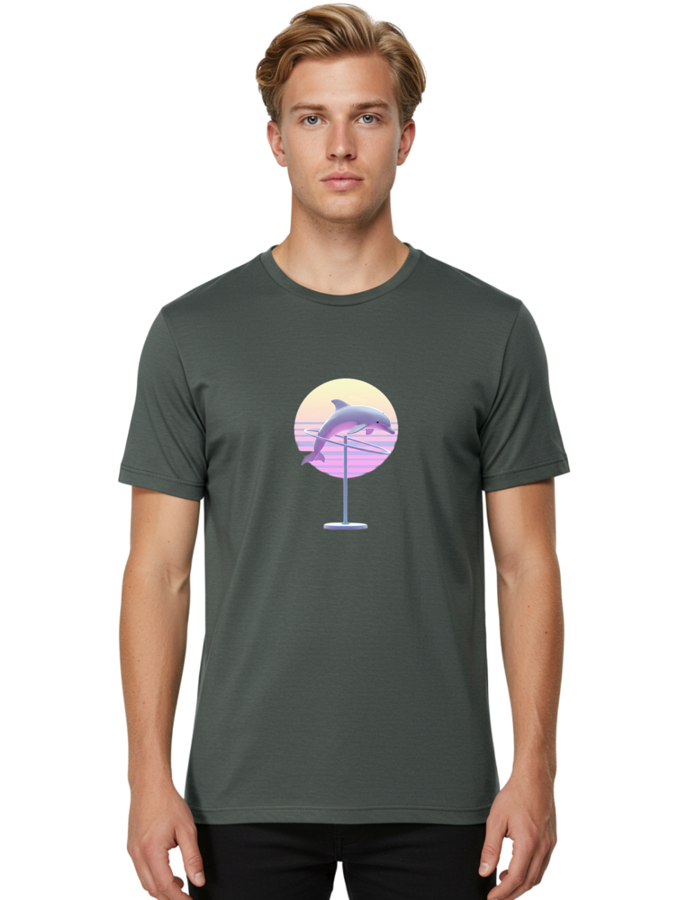 Dolphin-Spin-Art Men'S Graphic Tee, 100% Cotton, Comfortable Casual Summer Wear, Machine Washable, Dolphin Leaping, Ocean Scenery, Pastel Colors, Abstract Art, Surrealism, 3D Illustration, Creative Design, Modern Artwork, Minimalist Style, Bab866 16