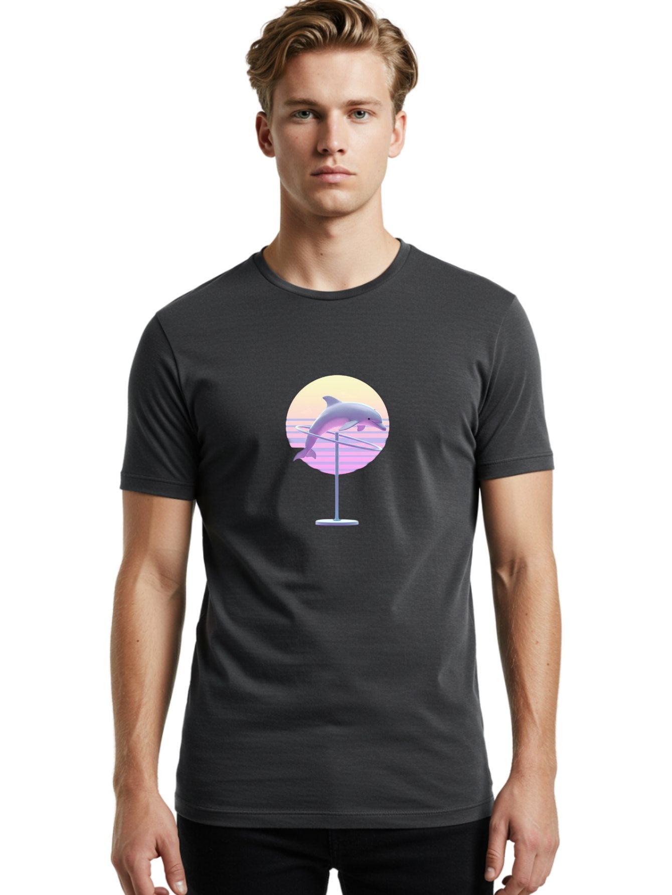 Dolphin-Spin-Art Men'S Graphic Tee, 100% Cotton, Comfortable Casual Summer Wear, Machine Washable, Dolphin Leaping, Ocean Scenery, Pastel Colors, Abstract Art, Surrealism, 3D Illustration, Creative Design, Modern Artwork, Minimalist Style, Bab866 18
