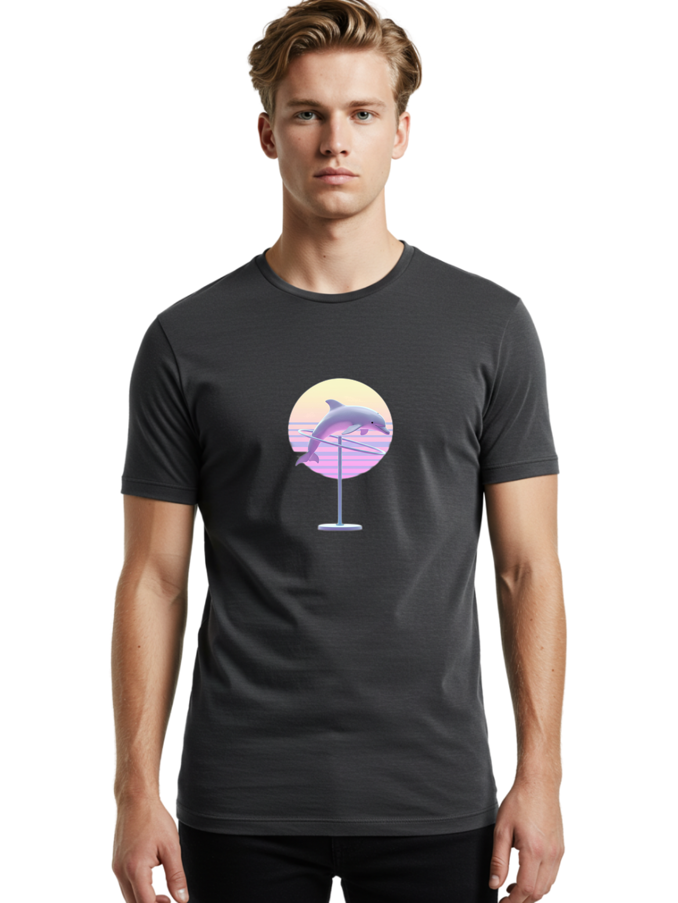 Dolphin-Spin-Art Men'S Graphic Tee, 100% Cotton, Comfortable Casual Summer Wear, Machine Washable, Dolphin Leaping, Ocean Scenery, Pastel Colors, Abstract Art, Surrealism, 3D Illustration, Creative Design, Modern Artwork, Minimalist Style, Bab866 27