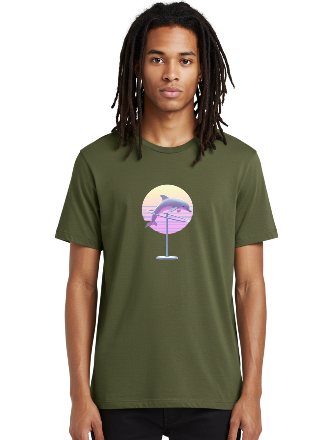 Dolphin-Spin-Art Men'S Graphic Tee, 100% Cotton, Comfortable Casual Summer Wear, Machine Washable, Dolphin Leaping, Ocean Scenery, Pastel Colors, Abstract Art, Surrealism, 3D Illustration, Creative Design, Modern Artwork, Minimalist Style, Bab866 25