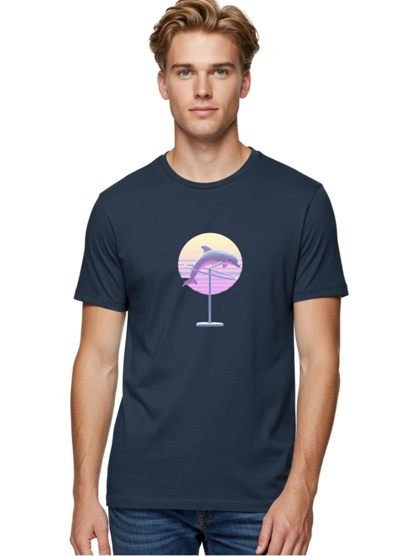 Dolphin-Spin-Art Men'S Graphic Tee, 100% Cotton, Comfortable Casual Summer Wear, Machine Washable, Dolphin Leaping, Ocean Scenery, Pastel Colors, Abstract Art, Surrealism, 3D Illustration, Creative Design, Modern Artwork, Minimalist Style, Bab866 29