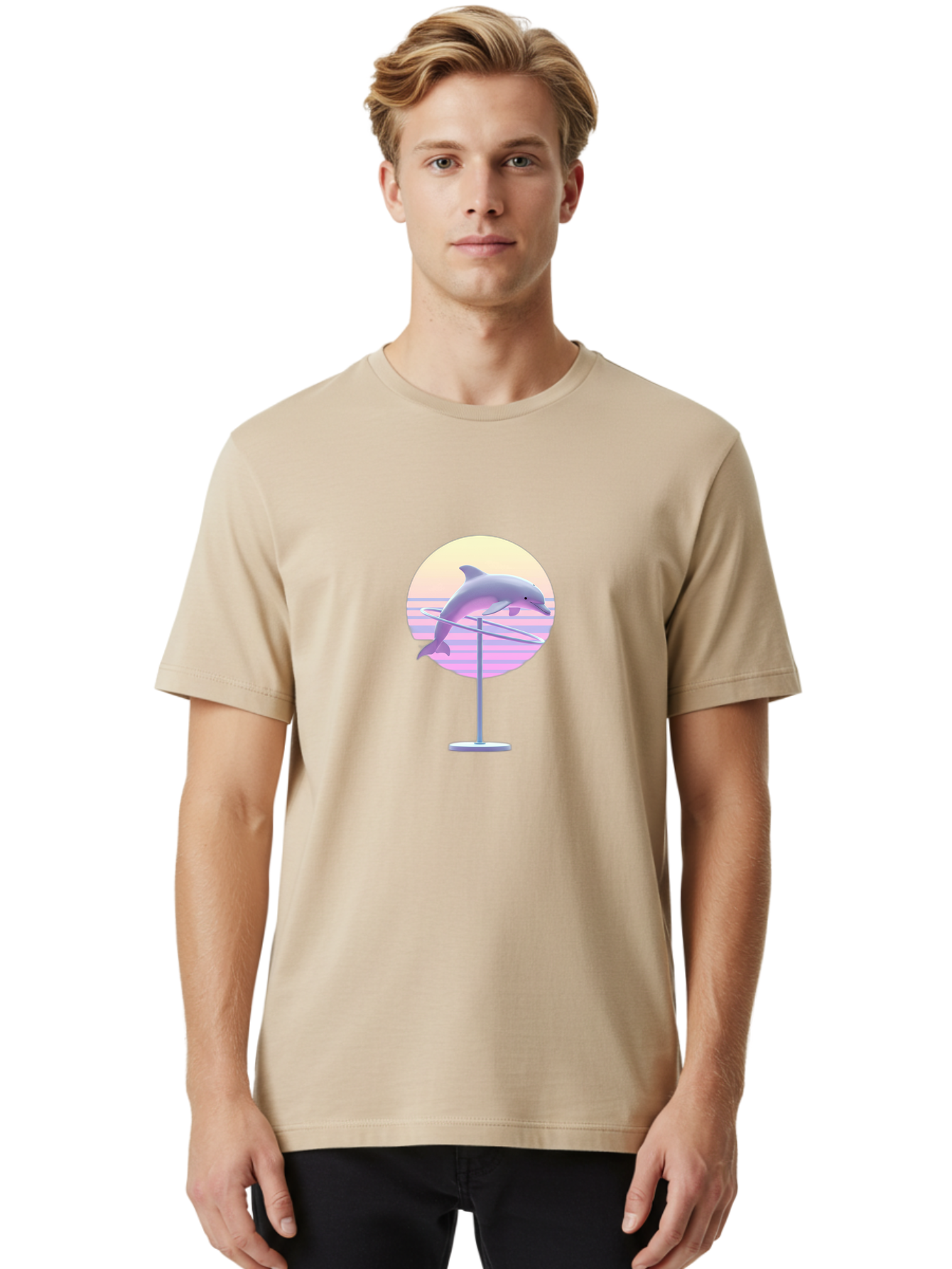 Dolphin-Spin-Art Men'S Graphic Tee, 100% Cotton, Comfortable Casual Summer Wear, Machine Washable, Dolphin Leaping, Ocean Scenery, Pastel Colors, Abstract Art, Surrealism, 3D Illustration, Creative Design, Modern Artwork, Minimalist Style, Bab866 18