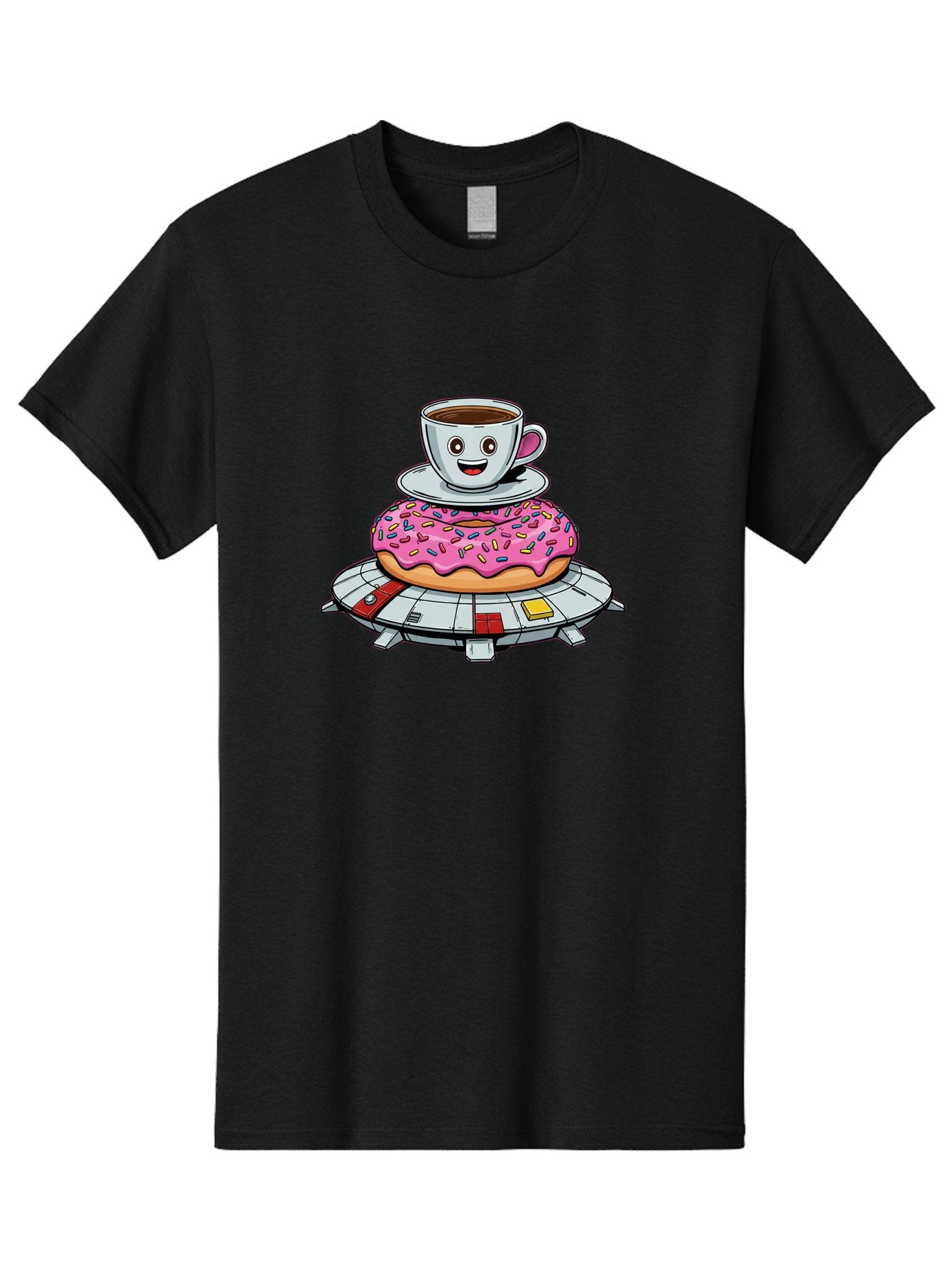 Donut-Coffee-Ufo Men'S Graphic Tee, 100% Cotton, Comfortable Casual Summer Wear, Machine Washable, Smiling Coffee Cup, Donut With Sprinkles, Flying Saucer, Cartoon Style, Whimsical Design, Fantasy Food, Humorous Illustration, Bab868