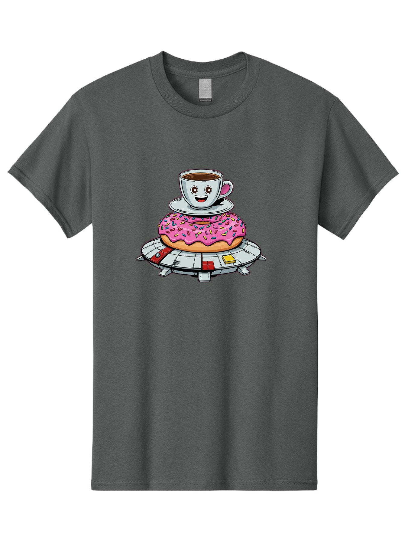 Donut-Coffee-Ufo Men'S Graphic Tee, 100% Cotton, Comfortable Casual Summer Wear, Machine Washable, Smiling Coffee Cup, Donut With Sprinkles, Flying Saucer, Cartoon Style, Whimsical Design, Fantasy Food, Humorous Illustration, Bab868