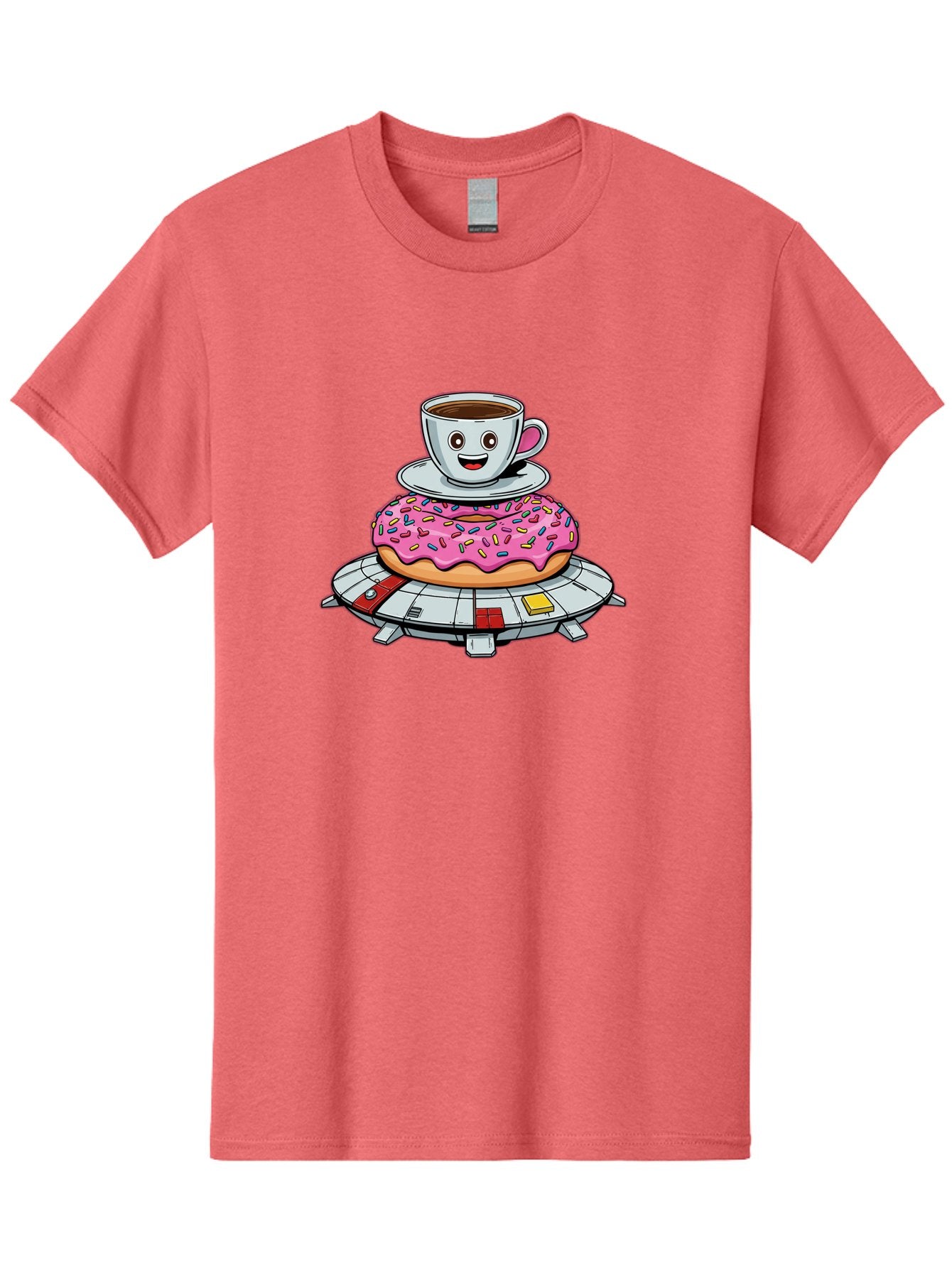 Donut-Coffee-Ufo Men'S Graphic Tee, 100% Cotton, Comfortable Casual Summer Wear, Machine Washable, Smiling Coffee Cup, Donut With Sprinkles, Flying Saucer, Cartoon Style, Whimsical Design, Fantasy Food, Humorous Illustration, Bab868 3