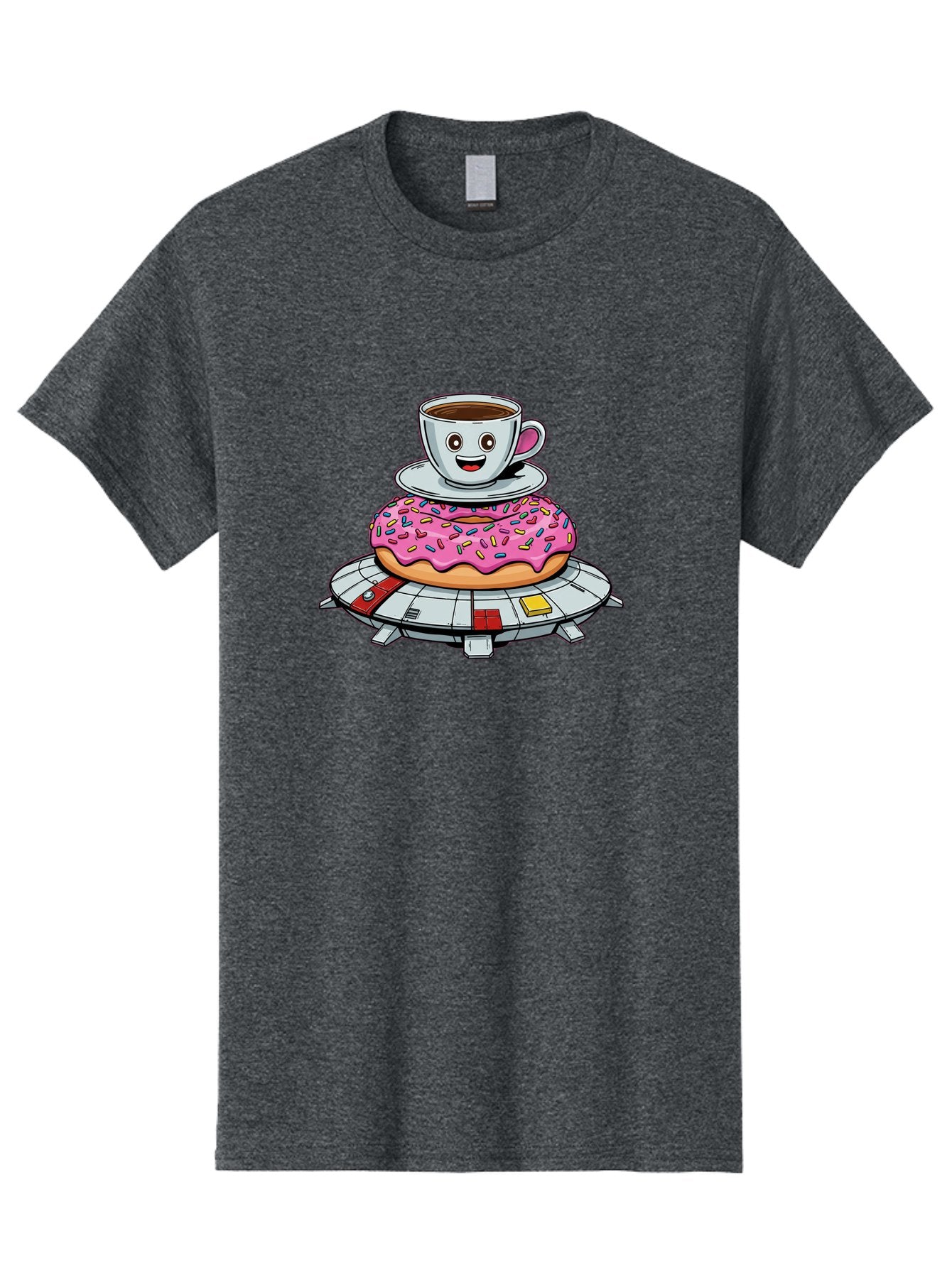 Donut-Coffee-Ufo Men'S Graphic Tee, 100% Cotton, Comfortable Casual Summer Wear, Machine Washable, Smiling Coffee Cup, Donut With Sprinkles, Flying Saucer, Cartoon Style, Whimsical Design, Fantasy Food, Humorous Illustration, Bab868 7