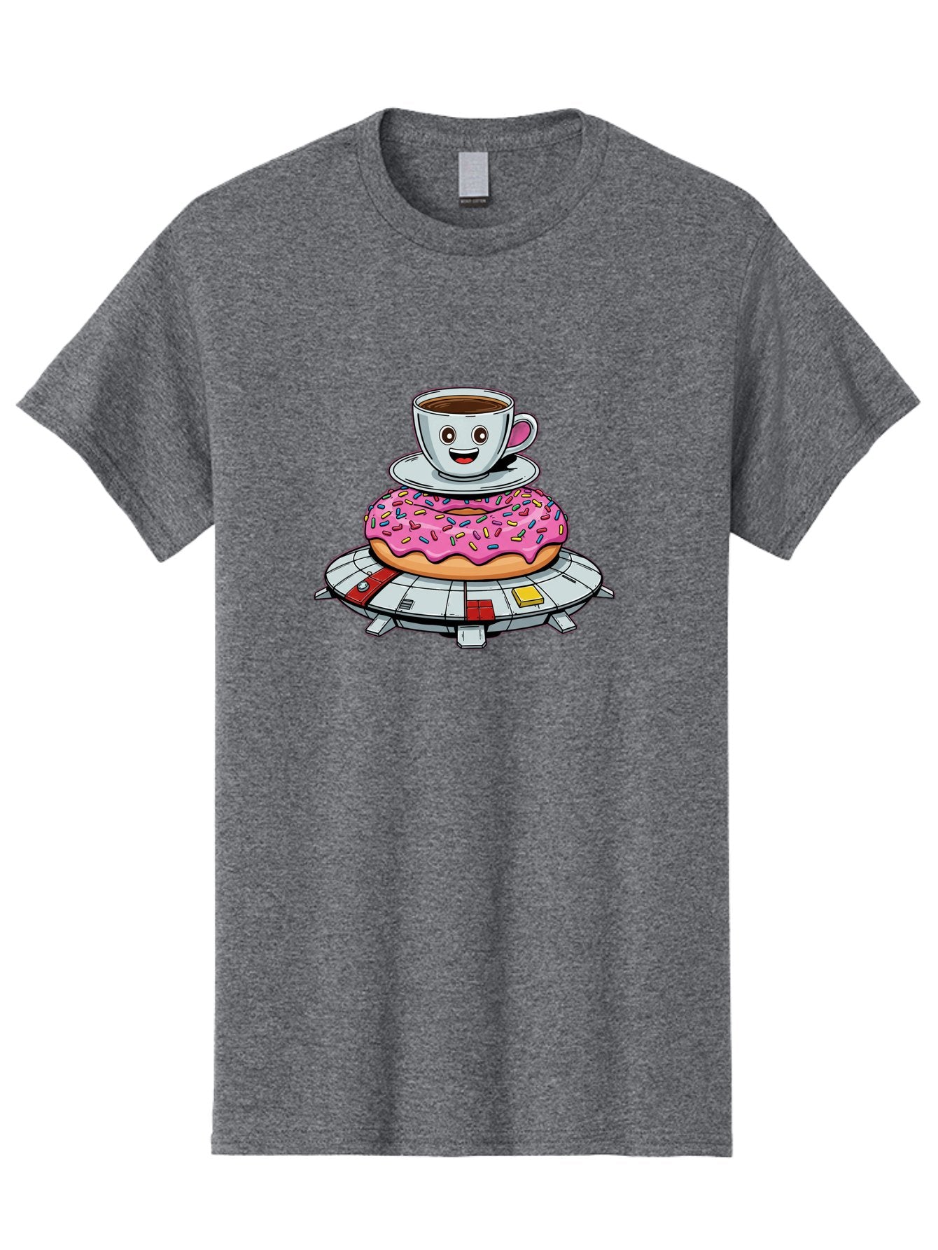 Donut-Coffee-Ufo Men'S Graphic Tee, 100% Cotton, Comfortable Casual Summer Wear, Machine Washable, Smiling Coffee Cup, Donut With Sprinkles, Flying Saucer, Cartoon Style, Whimsical Design, Fantasy Food, Humorous Illustration, Bab868 9