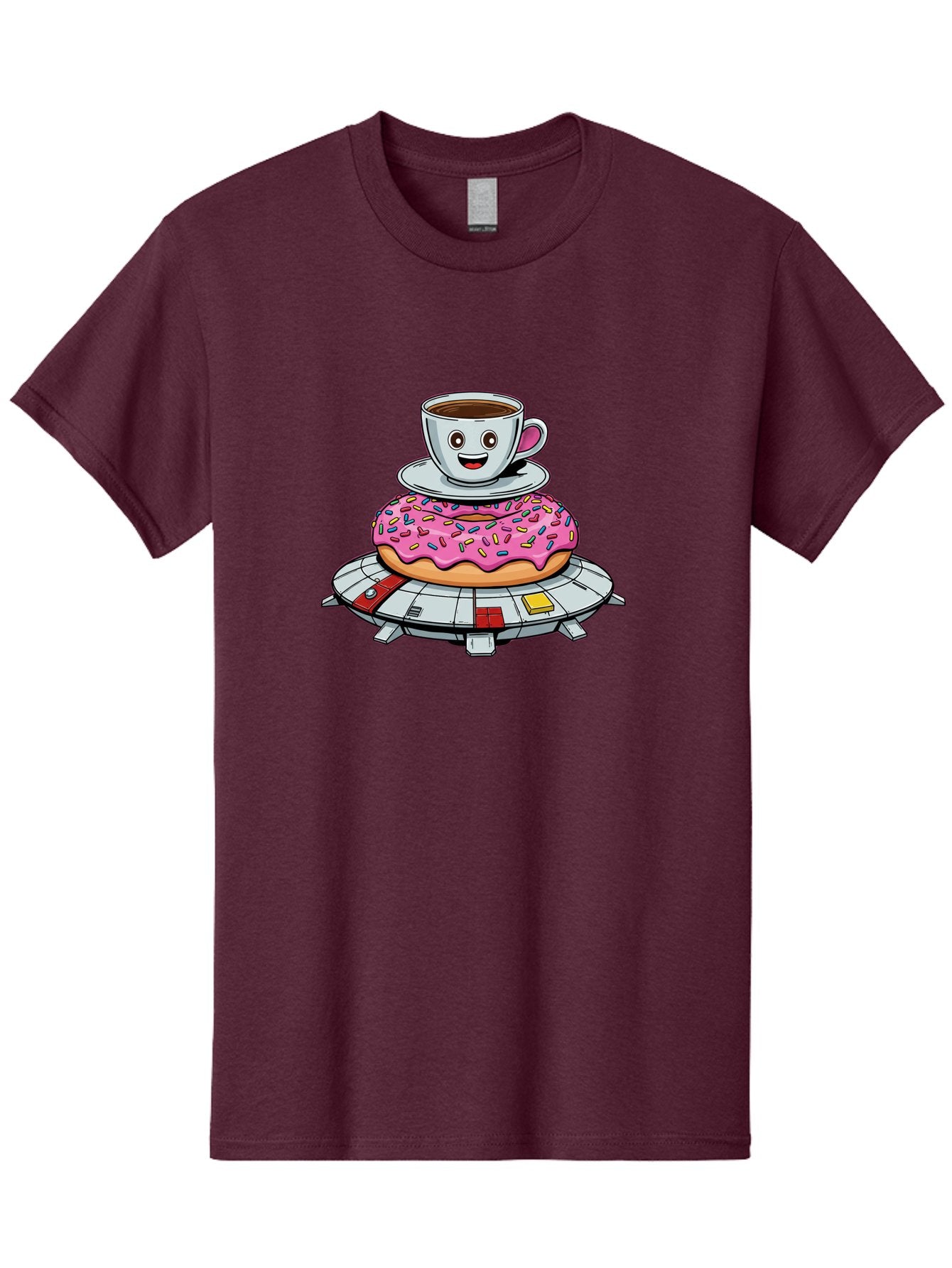 Donut-Coffee-Ufo Men'S Graphic Tee, 100% Cotton, Comfortable Casual Summer Wear, Machine Washable, Smiling Coffee Cup, Donut With Sprinkles, Flying Saucer, Cartoon Style, Whimsical Design, Fantasy Food, Humorous Illustration, Bab868 8