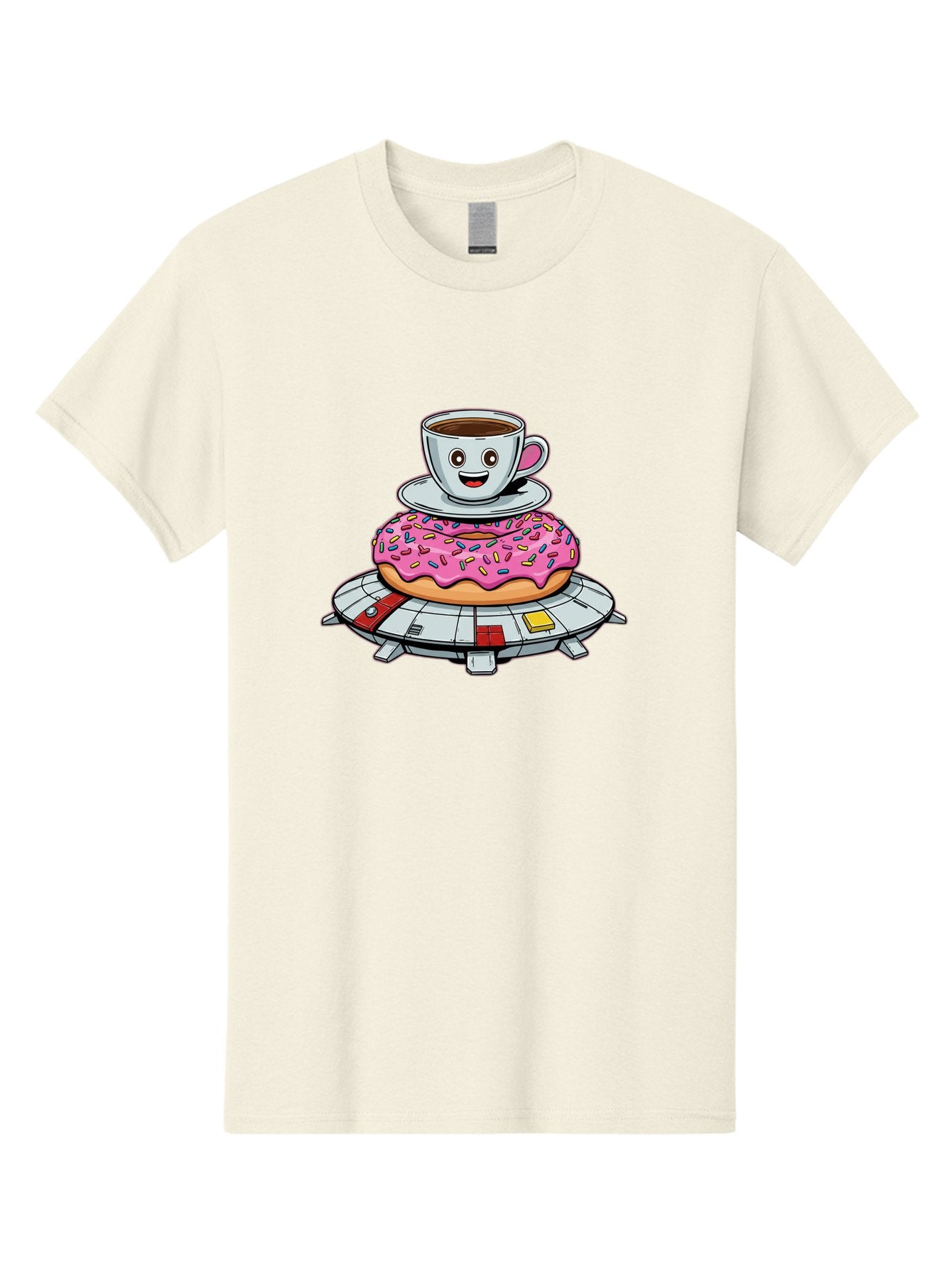 Donut-Coffee-Ufo Men'S Graphic Tee, 100% Cotton, Comfortable Casual Summer Wear, Machine Washable, Smiling Coffee Cup, Donut With Sprinkles, Flying Saucer, Cartoon Style, Whimsical Design, Fantasy Food, Humorous Illustration, Bab868 5