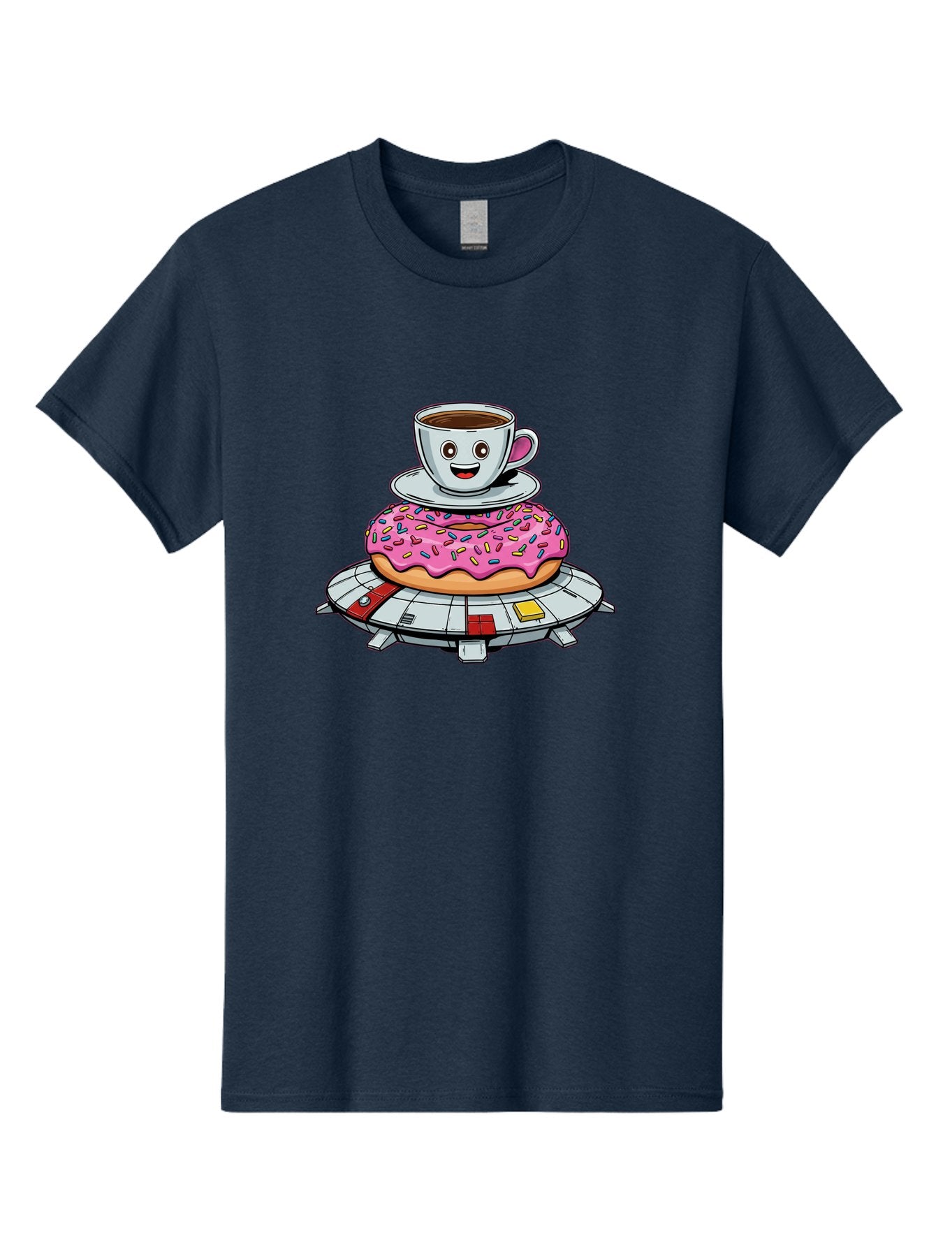 Donut-Coffee-Ufo Men'S Graphic Tee, 100% Cotton, Comfortable Casual Summer Wear, Machine Washable, Smiling Coffee Cup, Donut With Sprinkles, Flying Saucer, Cartoon Style, Whimsical Design, Fantasy Food, Humorous Illustration, Bab868 6