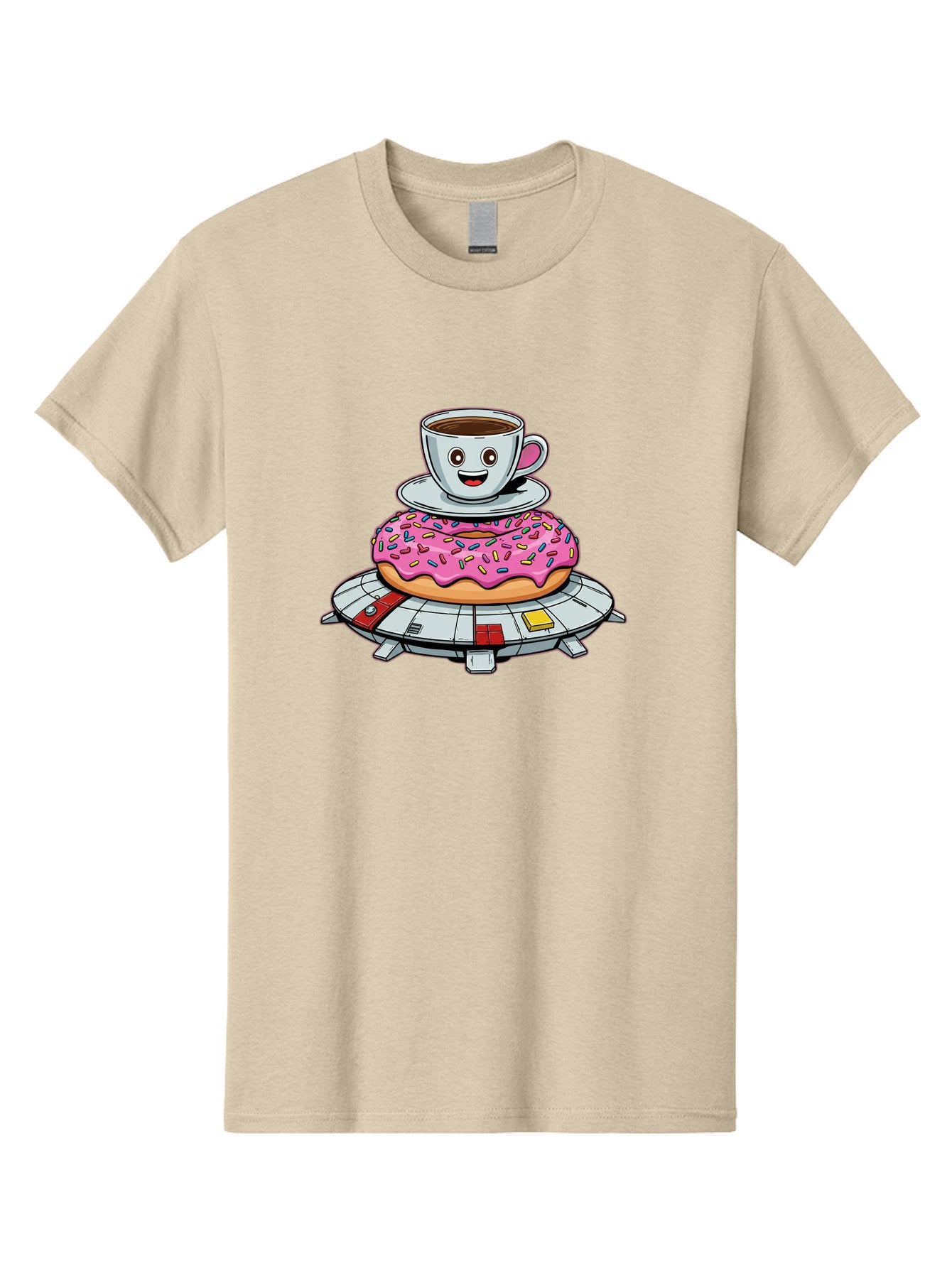 Donut-Coffee-Ufo Men'S Graphic Tee, 100% Cotton, Comfortable Casual Summer Wear, Machine Washable, Smiling Coffee Cup, Donut With Sprinkles, Flying Saucer, Cartoon Style, Whimsical Design, Fantasy Food, Humorous Illustration, Bab868 13