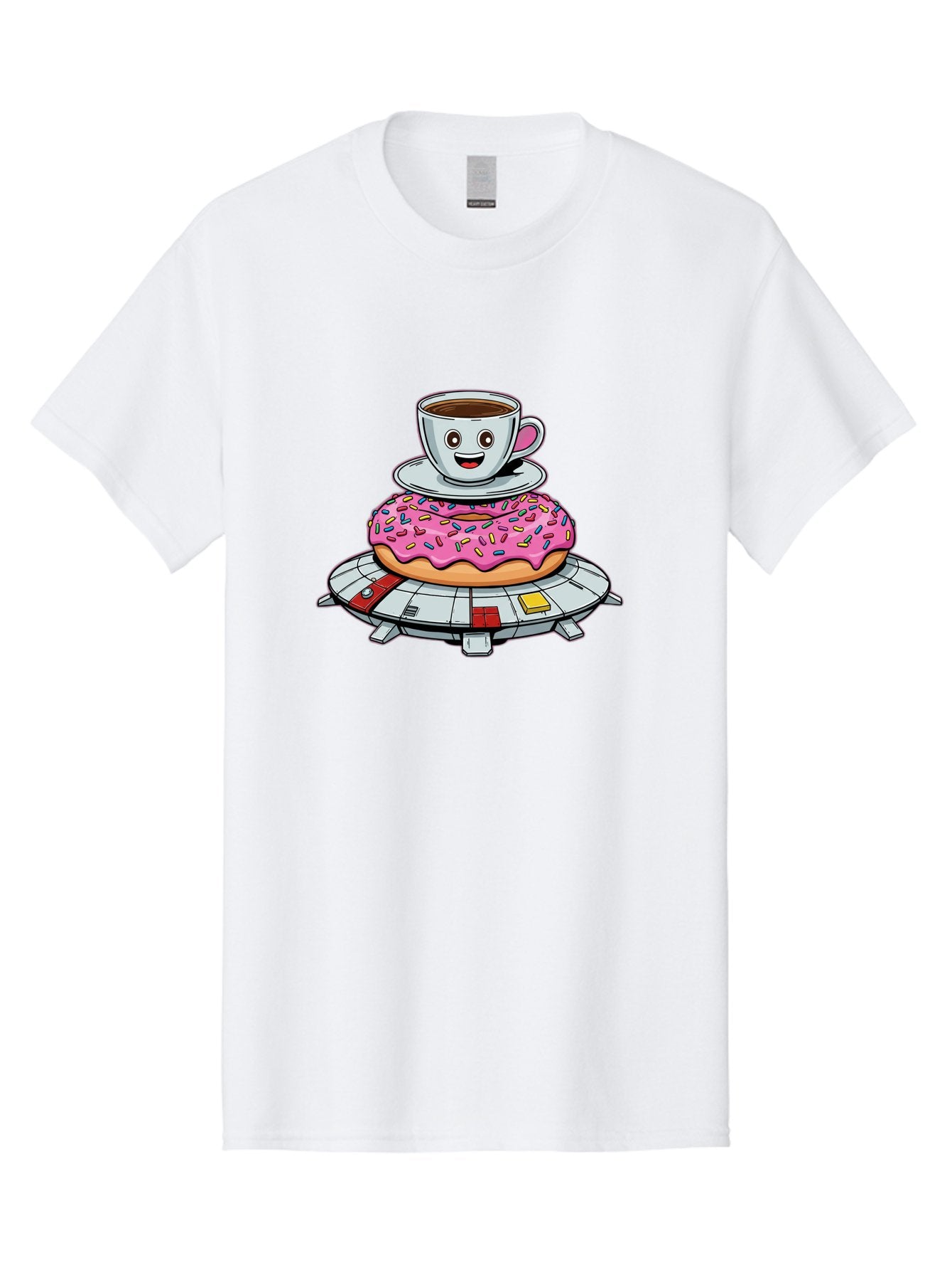 Donut-Coffee-Ufo Men'S Graphic Tee, 100% Cotton, Comfortable Casual Summer Wear, Machine Washable, Smiling Coffee Cup, Donut With Sprinkles, Flying Saucer, Cartoon Style, Whimsical Design, Fantasy Food, Humorous Illustration, Bab868 10