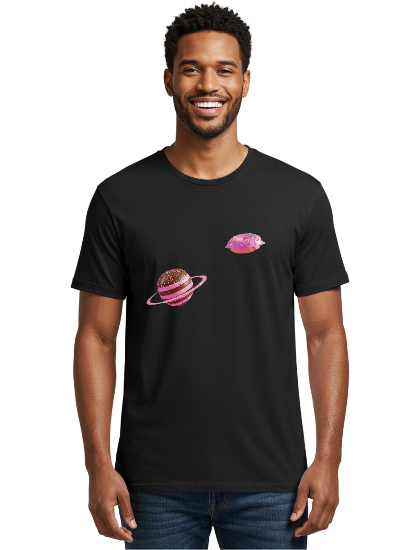 Donut-Planets Men'S Graphic Tee, 100% Cotton, Comfortable Casual Summer Wear, Machine Washable, Donut With Sprinkles, Planet With Ring, Pink Frosting, Chocolate Donut, Sprinkle Donut, Donut Planet, Fantasy Dessert, Sweet Treat, Bab870 26