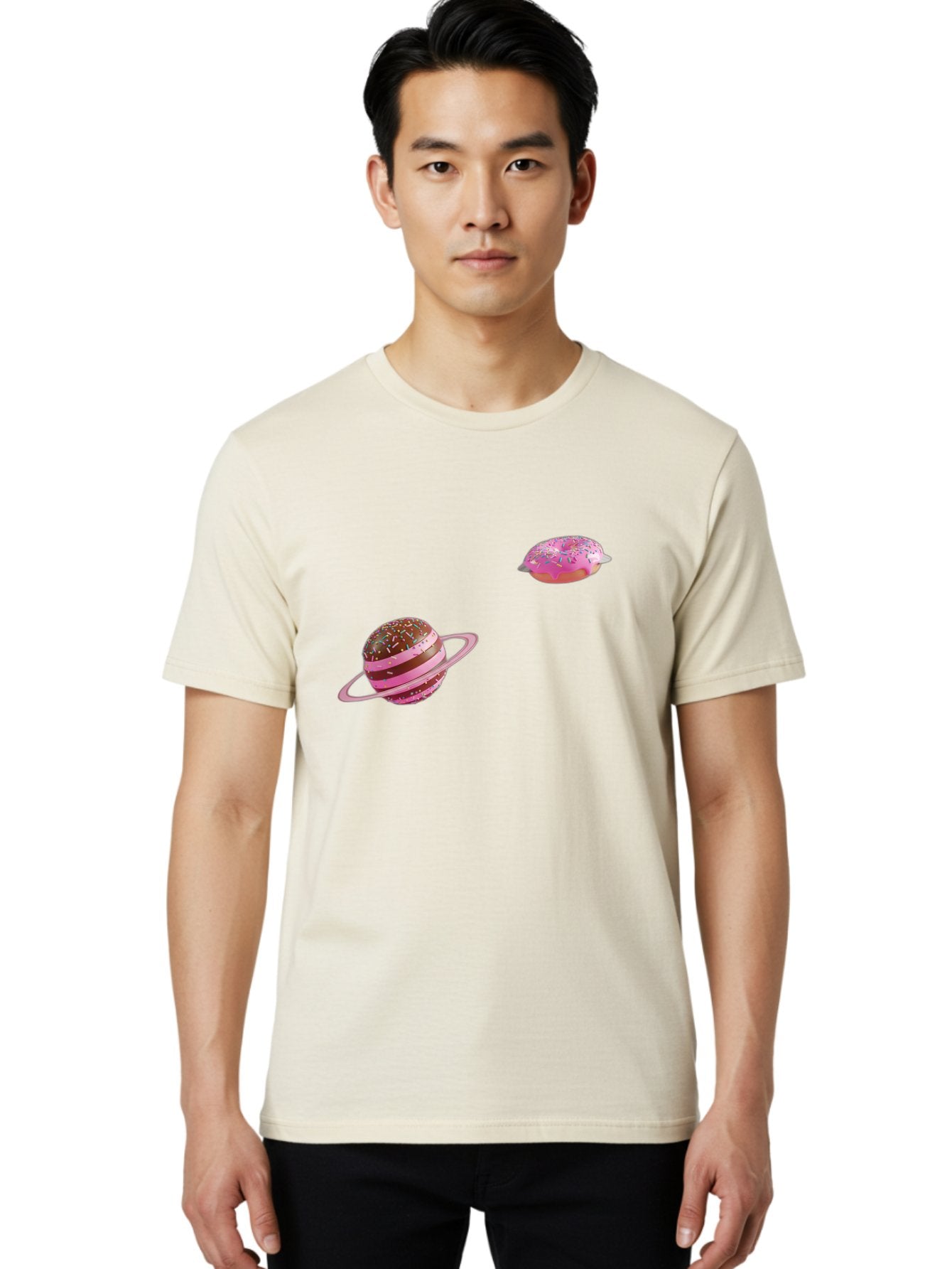 Donut-Planets Men'S Graphic Tee, 100% Cotton, Comfortable Casual Summer Wear, Machine Washable, Donut With Sprinkles, Planet With Ring, Pink Frosting, Chocolate Donut, Sprinkle Donut, Donut Planet, Fantasy Dessert, Sweet Treat, Bab870 16