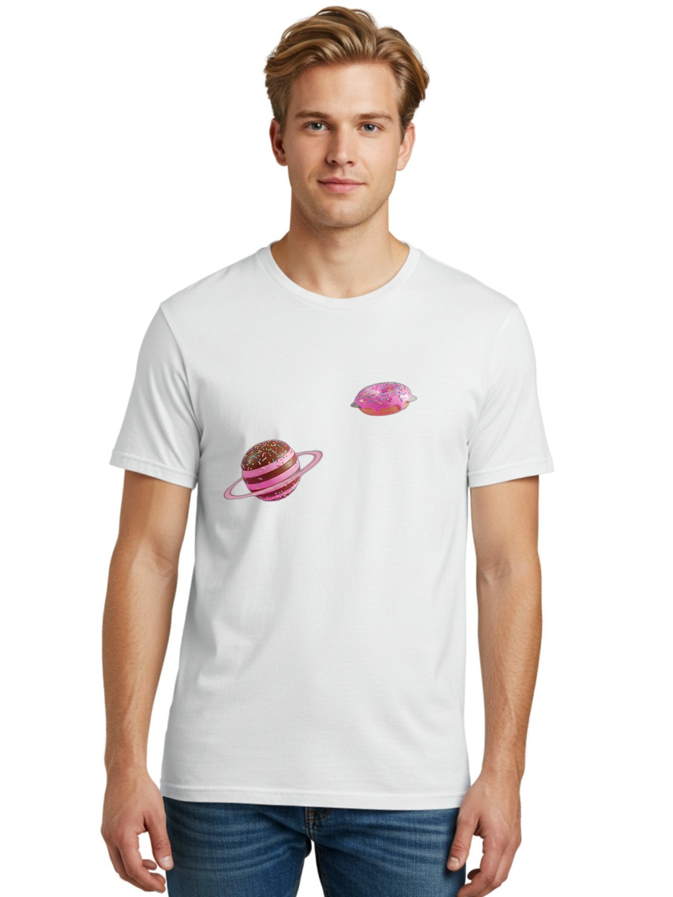Donut-Planets Men'S Graphic Tee, 100% Cotton, Comfortable Casual Summer Wear, Machine Washable, Donut With Sprinkles, Planet With Ring, Pink Frosting, Chocolate Donut, Sprinkle Donut, Donut Planet, Fantasy Dessert, Sweet Treat, Bab870 24