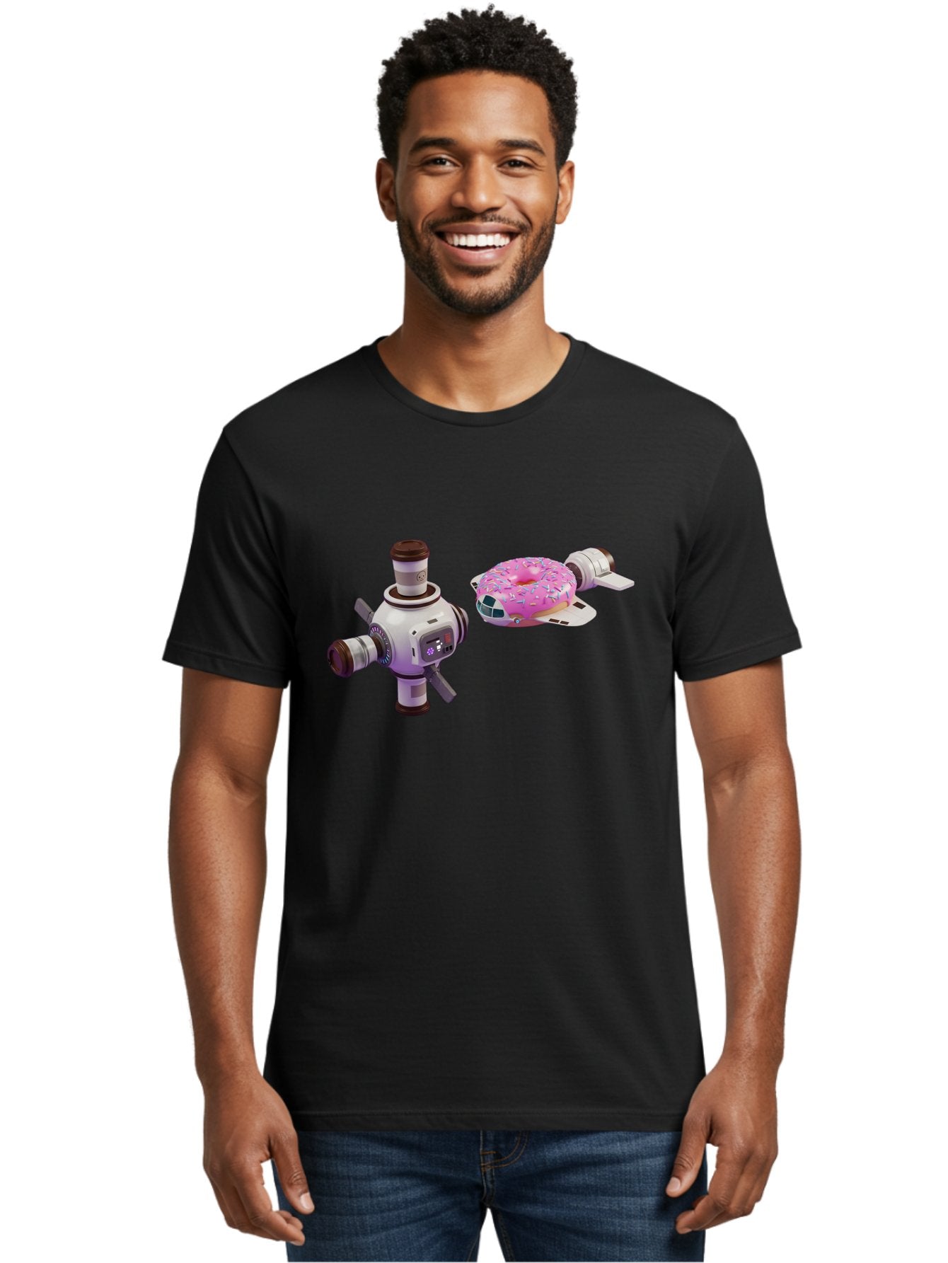 Donut-Spacecraft Men'S Graphic Tee, 100% Cotton, Comfortable Casual Summer Wear, Machine Washable, Donut Spaceship, Flying Saucer, Pink Frosted Donut, Sprinkles, Cartoon Style, Alien Spacecraft, Sci-Fi, Whimsical, Playful, Futuristic, Bab872 22