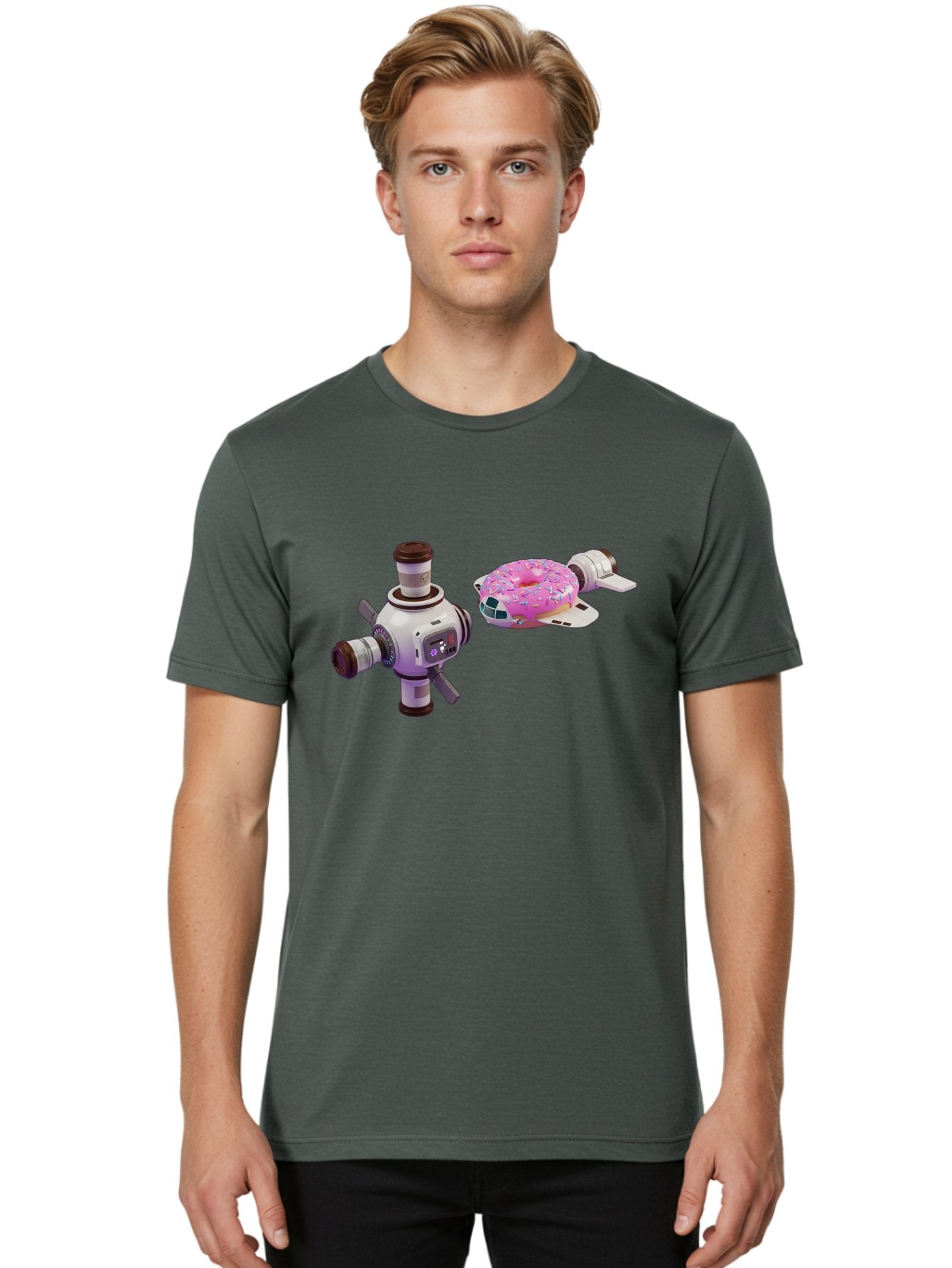 Donut-Spacecraft Men'S Graphic Tee, 100% Cotton, Comfortable Casual Summer Wear, Machine Washable, Donut Spaceship, Flying Saucer, Pink Frosted Donut, Sprinkles, Cartoon Style, Alien Spacecraft, Sci-Fi, Whimsical, Playful, Futuristic, Bab872 19