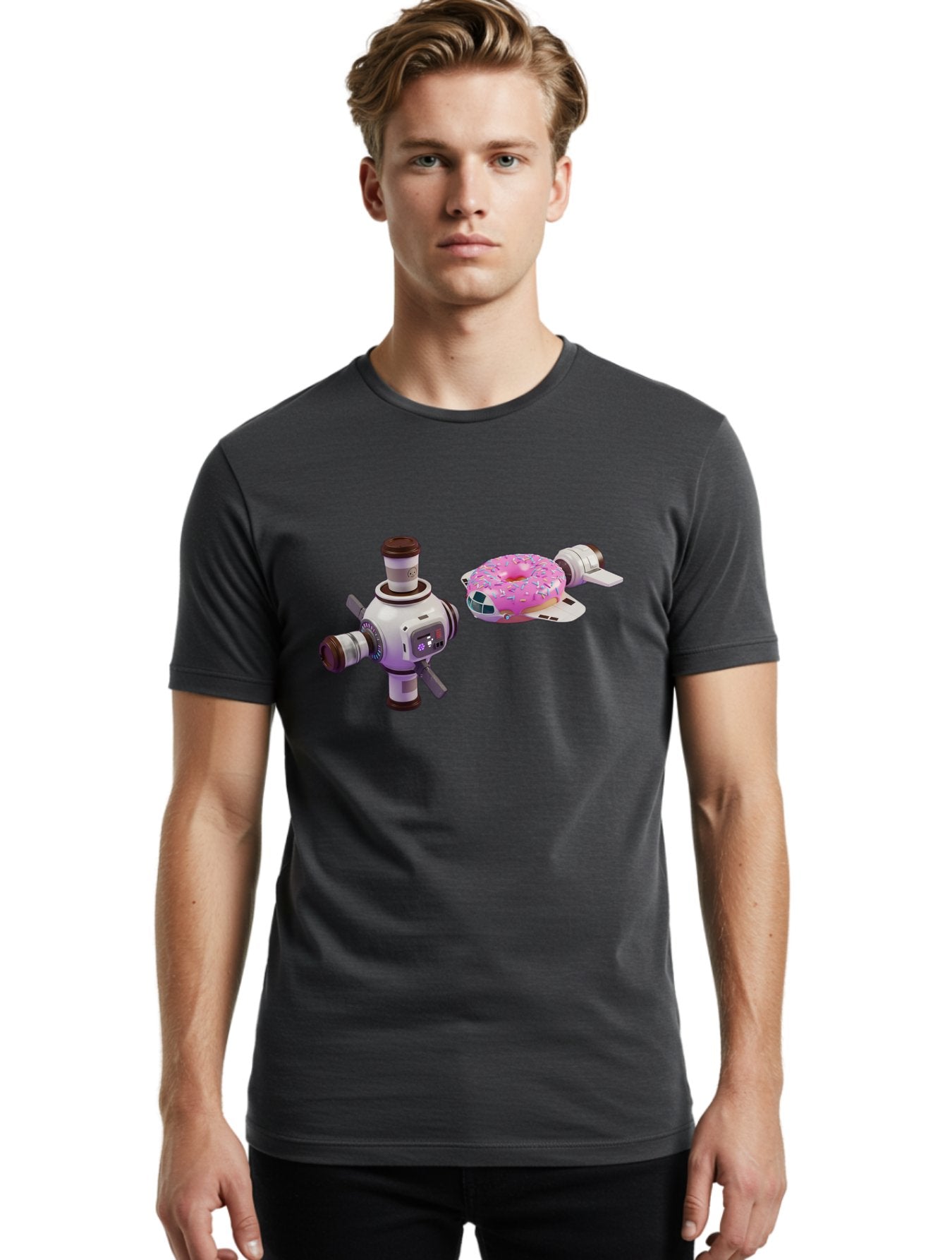 Donut-Spacecraft Men'S Graphic Tee, 100% Cotton, Comfortable Casual Summer Wear, Machine Washable, Donut Spaceship, Flying Saucer, Pink Frosted Donut, Sprinkles, Cartoon Style, Alien Spacecraft, Sci-Fi, Whimsical, Playful, Futuristic, Bab872 20