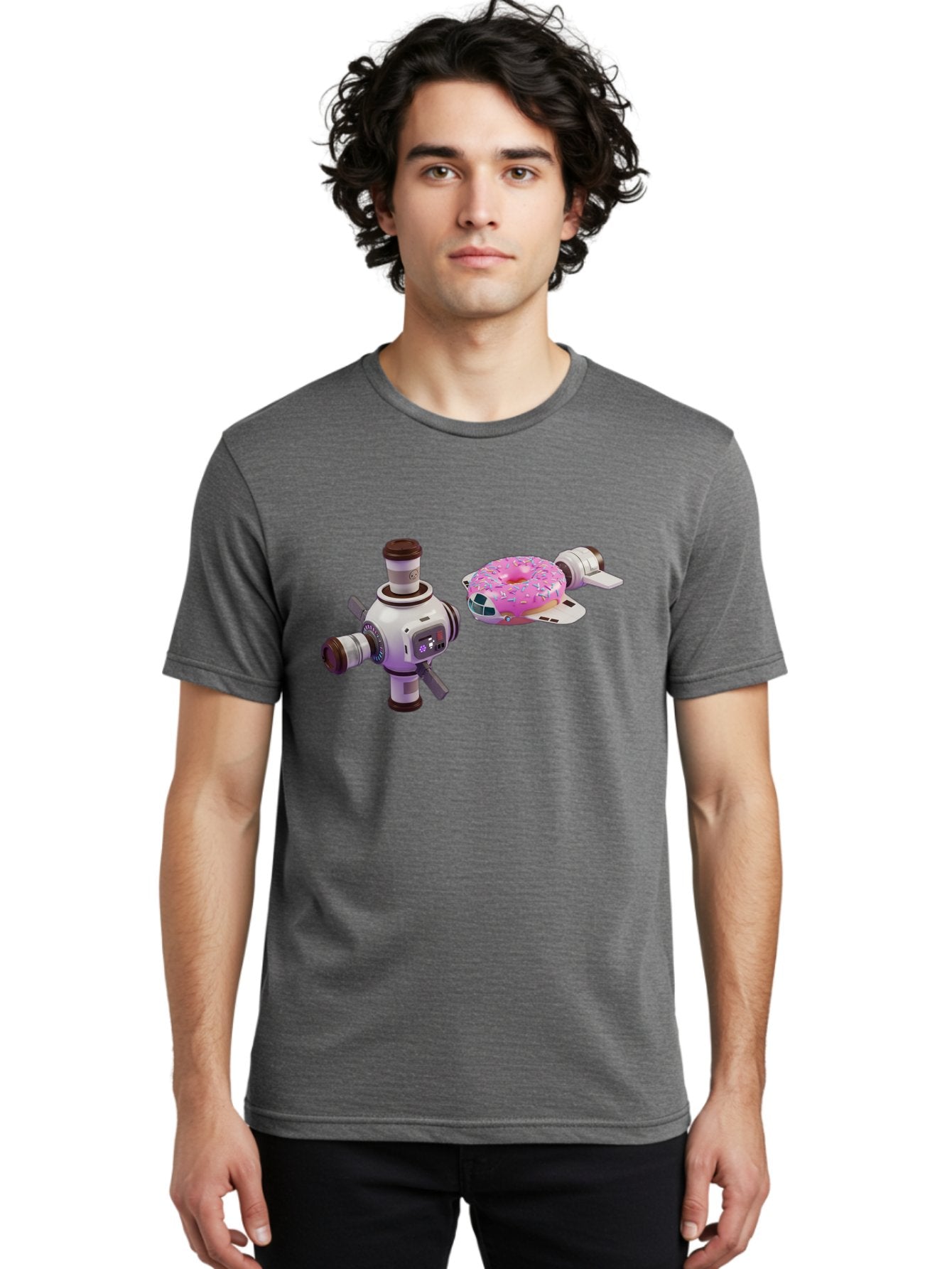 Donut-Spacecraft Men'S Graphic Tee, 100% Cotton, Comfortable Casual Summer Wear, Machine Washable, Donut Spaceship, Flying Saucer, Pink Frosted Donut, Sprinkles, Cartoon Style, Alien Spacecraft, Sci-Fi, Whimsical, Playful, Futuristic, Bab872 21