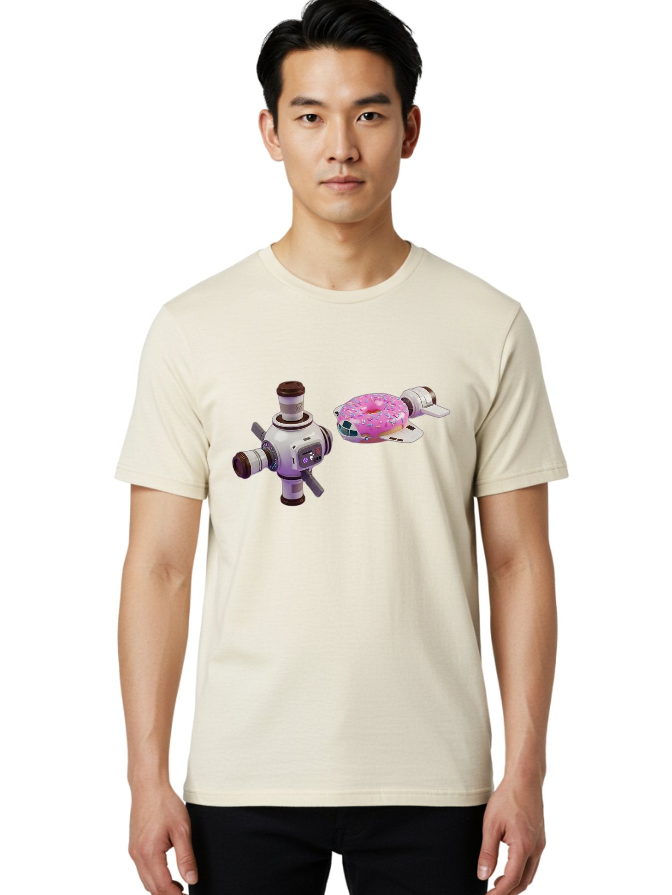 Donut-Spacecraft Men'S Graphic Tee, 100% Cotton, Comfortable Casual Summer Wear, Machine Washable, Donut Spaceship, Flying Saucer, Pink Frosted Donut, Sprinkles, Cartoon Style, Alien Spacecraft, Sci-Fi, Whimsical, Playful, Futuristic, Bab872 24