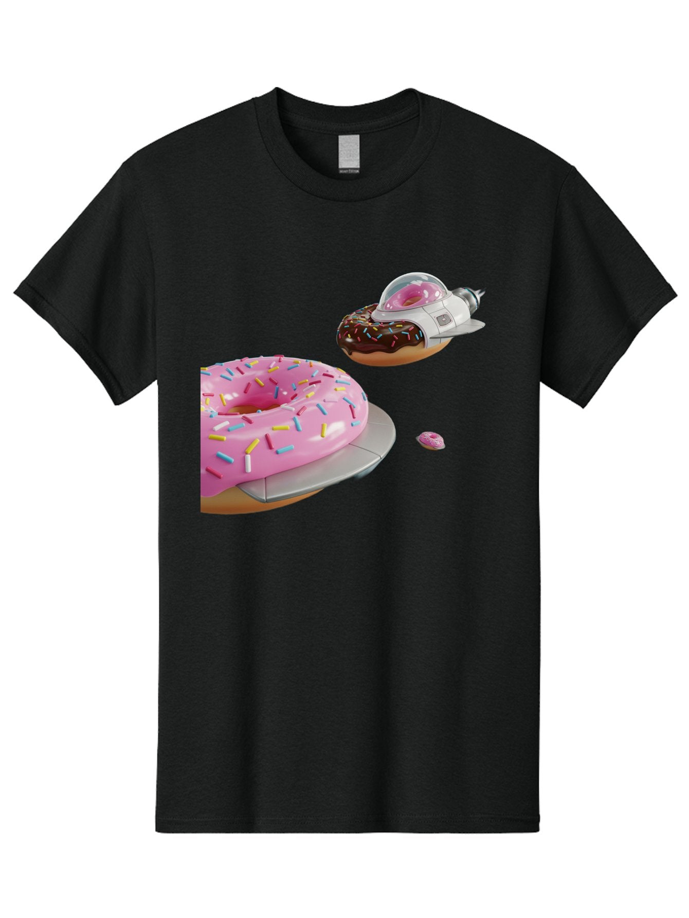 Donut-Ufo-1 Men'S Graphic Tee, 100% Cotton, Comfortable Casual Summer Wear, Machine Washable, Donut Spaceship, Pink Glazed Donut, Chocolate Frosted Donut, Sprinkles, Ufo, Space Ship, Donut On A Spaceship, Quirky, Funny, Sweet Treats, Creative, Bab873