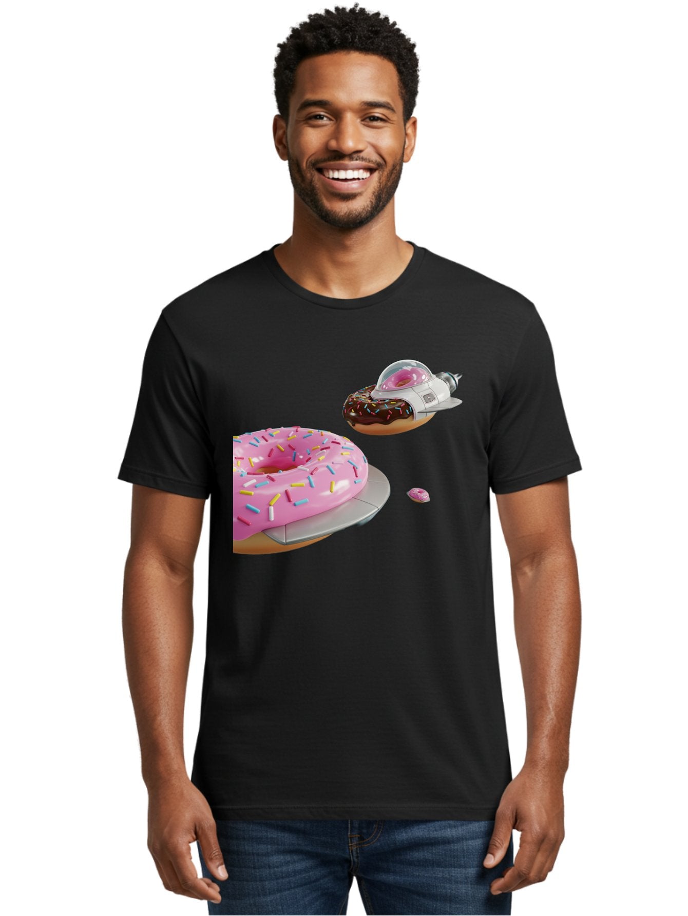 Donut-Ufo-1 Men'S Graphic Tee, 100% Cotton, Comfortable Casual Summer Wear, Machine Washable, Donut Spaceship, Pink Glazed Donut, Chocolate Frosted Donut, Sprinkles, Ufo, Space Ship, Donut On A Spaceship, Quirky, Funny, Sweet Treats, Creative, Bab873 19