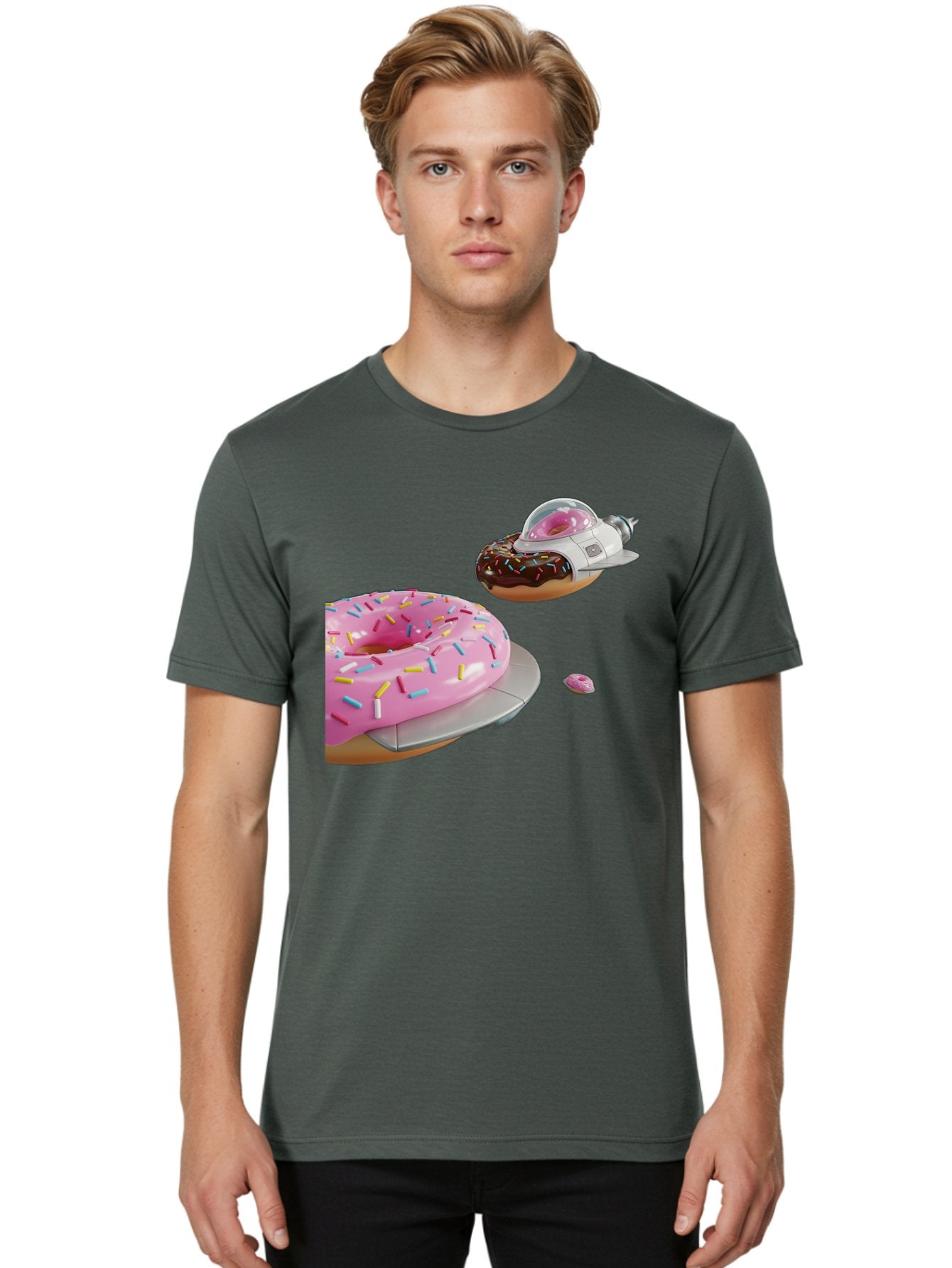 Donut-Ufo-1 Men'S Graphic Tee, 100% Cotton, Comfortable Casual Summer Wear, Machine Washable, Donut Spaceship, Pink Glazed Donut, Chocolate Frosted Donut, Sprinkles, Ufo, Space Ship, Donut On A Spaceship, Quirky, Funny, Sweet Treats, Creative, Bab873 17