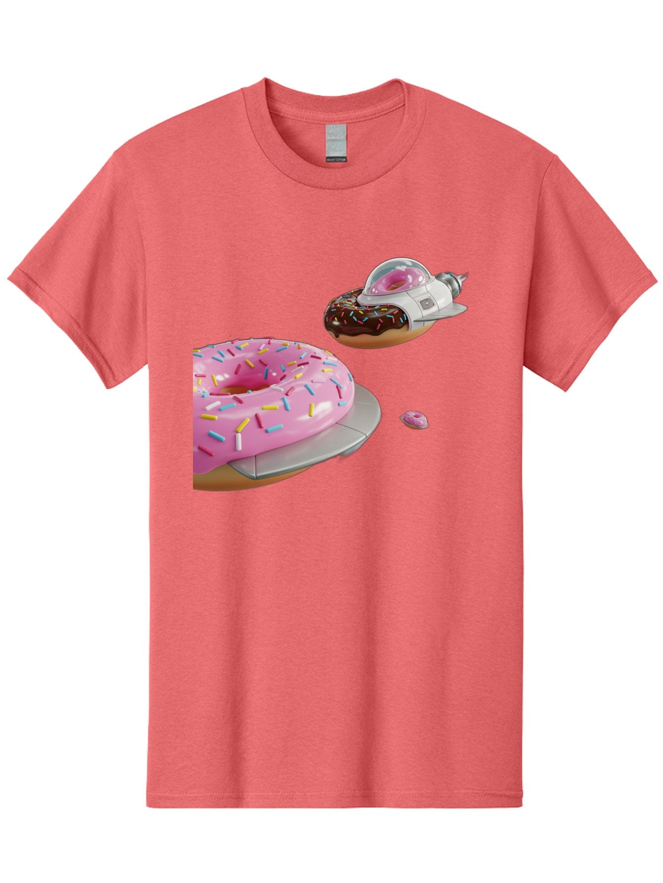 Donut-Ufo-1 Men'S Graphic Tee, 100% Cotton, Comfortable Casual Summer Wear, Machine Washable, Donut Spaceship, Pink Glazed Donut, Chocolate Frosted Donut, Sprinkles, Ufo, Space Ship, Donut On A Spaceship, Quirky, Funny, Sweet Treats, Creative, Bab873 3