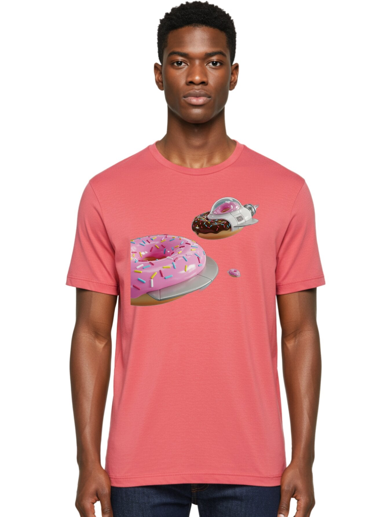 Donut-Ufo-1 Men'S Graphic Tee, 100% Cotton, Comfortable Casual Summer Wear, Machine Washable, Donut Spaceship, Pink Glazed Donut, Chocolate Frosted Donut, Sprinkles, Ufo, Space Ship, Donut On A Spaceship, Quirky, Funny, Sweet Treats, Creative, Bab873 22