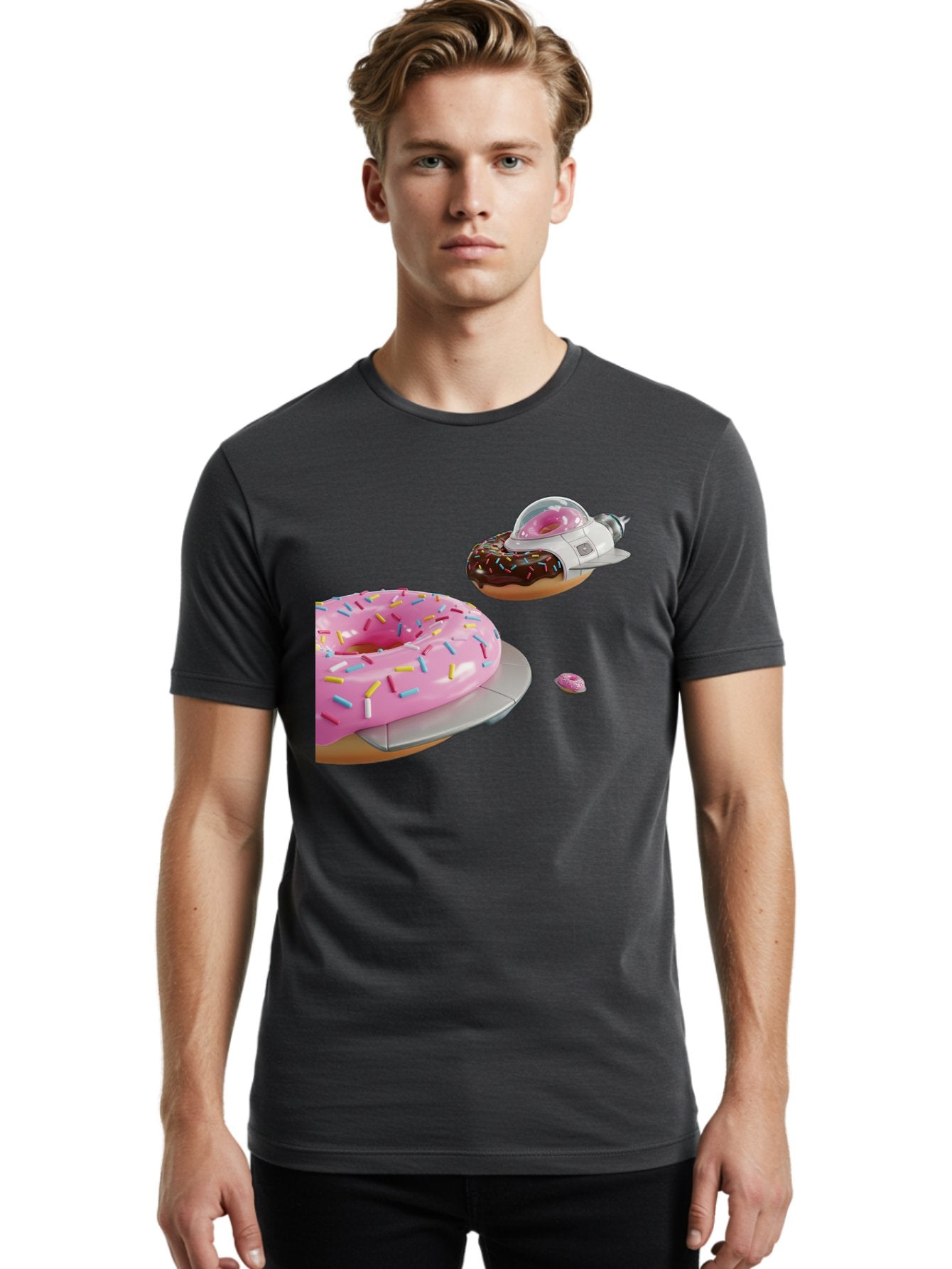 Donut-Ufo-1 Men'S Graphic Tee, 100% Cotton, Comfortable Casual Summer Wear, Machine Washable, Donut Spaceship, Pink Glazed Donut, Chocolate Frosted Donut, Sprinkles, Ufo, Space Ship, Donut On A Spaceship, Quirky, Funny, Sweet Treats, Creative, Bab873 16