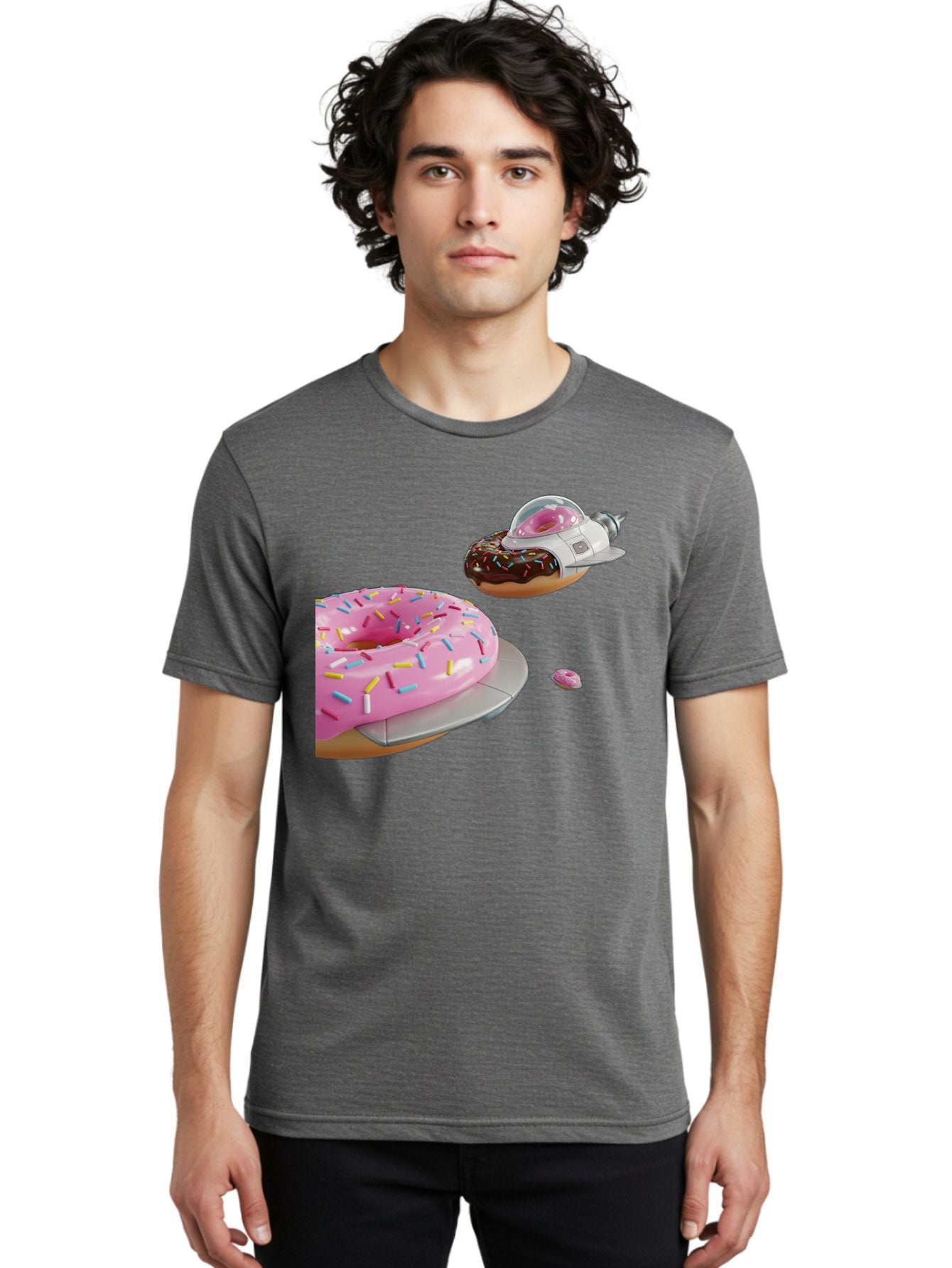 Donut-Ufo-1 Men'S Graphic Tee, 100% Cotton, Comfortable Casual Summer Wear, Machine Washable, Donut Spaceship, Pink Glazed Donut, Chocolate Frosted Donut, Sprinkles, Ufo, Space Ship, Donut On A Spaceship, Quirky, Funny, Sweet Treats, Creative, Bab873 23