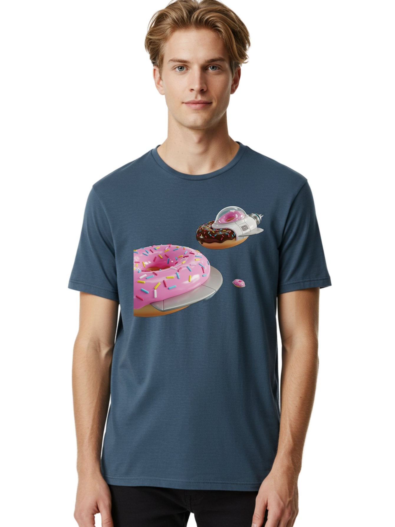 Donut-Ufo-1 Men'S Graphic Tee, 100% Cotton, Comfortable Casual Summer Wear, Machine Washable, Donut Spaceship, Pink Glazed Donut, Chocolate Frosted Donut, Sprinkles, Ufo, Space Ship, Donut On A Spaceship, Quirky, Funny, Sweet Treats, Creative, Bab873 28