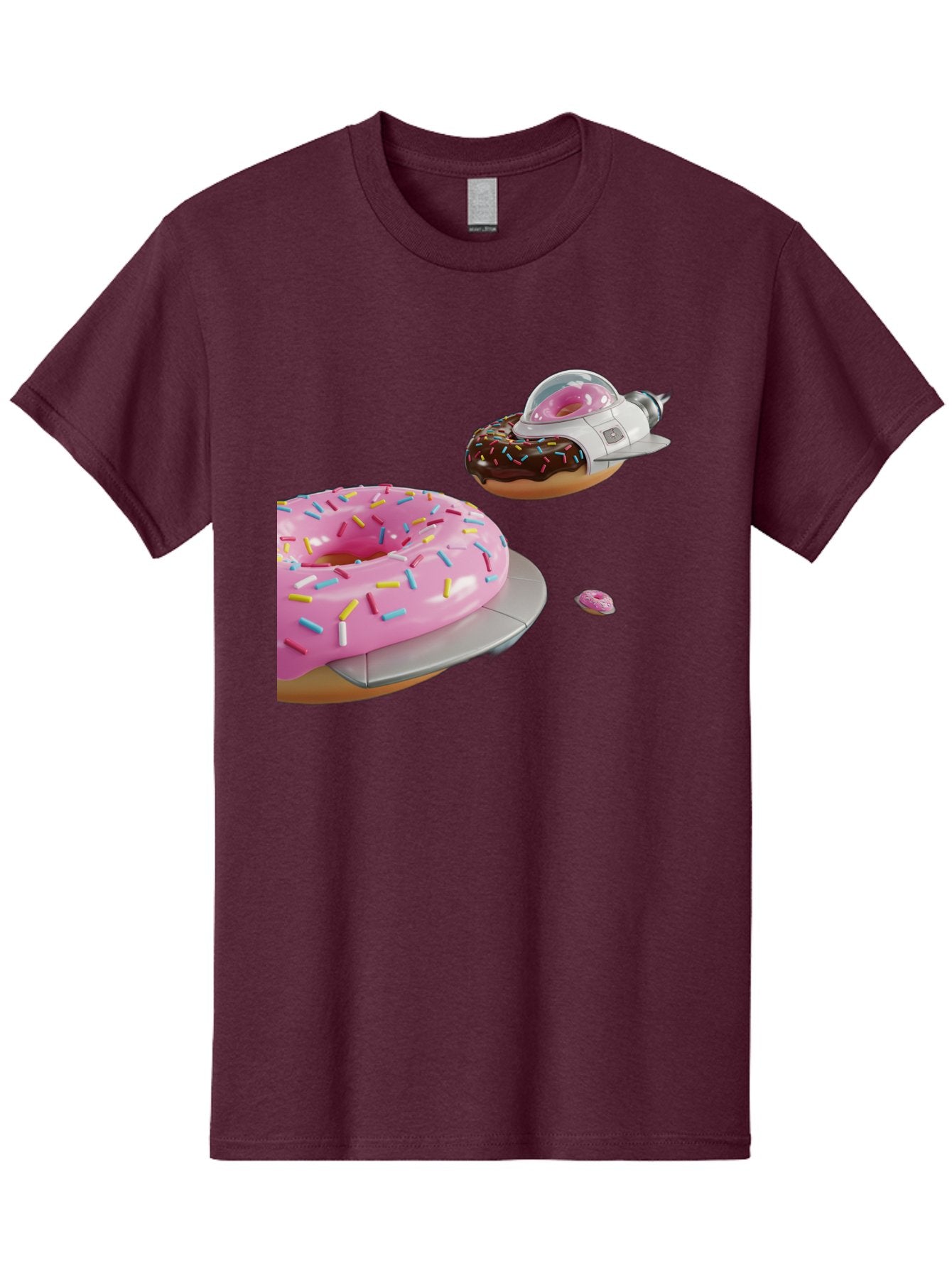 Donut-Ufo-1 Men'S Graphic Tee, 100% Cotton, Comfortable Casual Summer Wear, Machine Washable, Donut Spaceship, Pink Glazed Donut, Chocolate Frosted Donut, Sprinkles, Ufo, Space Ship, Donut On A Spaceship, Quirky, Funny, Sweet Treats, Creative, Bab873 15
